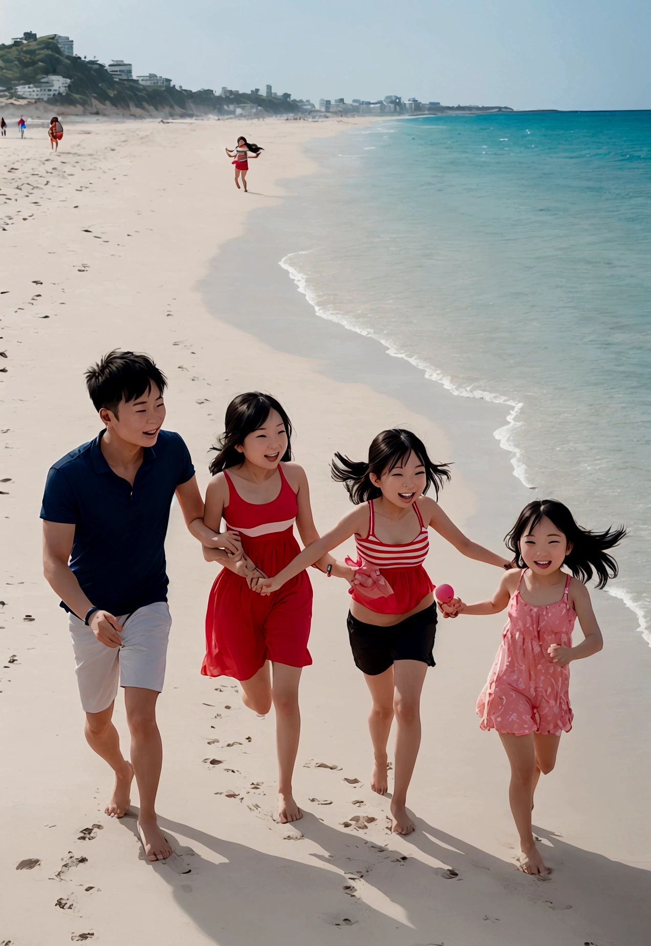 Family of 3 running on the beach with balloons in hand, happy family, people on the beach, sunny on the beach, Clear skies, photo拍摄, in stock, Best Adobe Stocks, photo, on the beach, shutter, shooting, Good morning, (rich and colorful), holiday photos, , holiday, on the beach, sunny