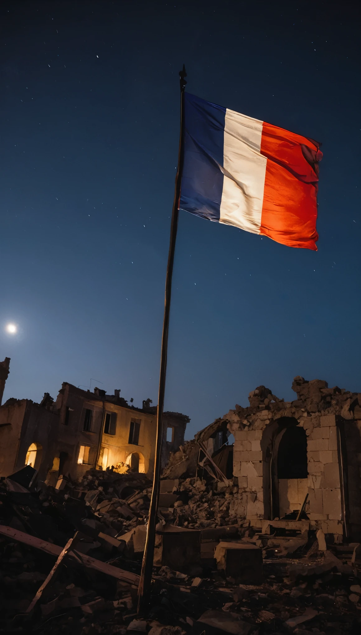 a French flag flying above a campaign in the night destroyed by a bloody war
