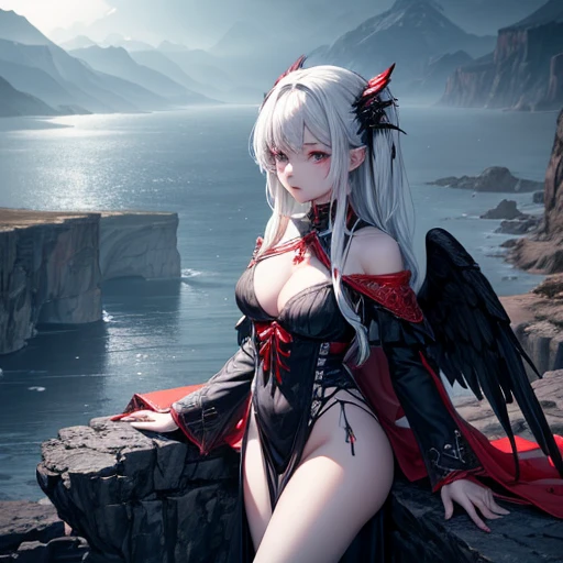 Black and white and blue and red,(highest quality, Super detailed, High resolution, Highly detailed CG),Wide Shot,Dead angels standing on the edge of a cliff,She is very beautiful,She loves blood and the sea,Rain of blood, Mysterious,Enthusiastic, complicated, Surreal,delicate　Holding a sword　Gray Hair