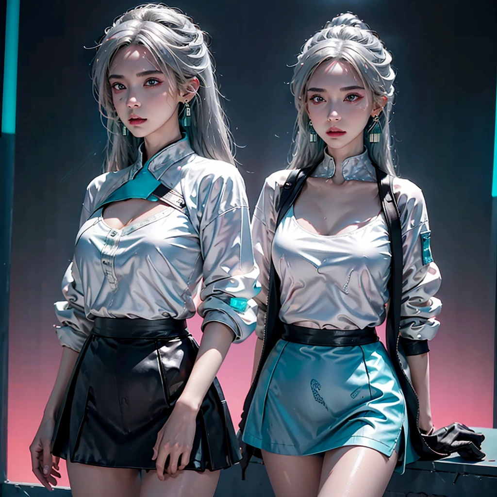 (On the table, best quality, night:1.4), (Cowboy shooting, Silver Hair:1.9), 8K, absurd, beautiful girl, (wearable computer:1.4), Cyberpunk, Cybergoth, (cyberpunk clothing, Fluorescent pink accents, glowing pink lines on bomber jacket:1.5), Neon, Bracelets and chokers, (blazing, glow, Film Grain, Chromatic Aberration:2), (Asian shopping district, street, architecture, Skyscraper:1.2), cosmetic, (cyan earrings:1.3), Clear focus, Dark background, view, Depth of Field, (very small mechanical device, rain, north african trade zone, Surface lamp, Clear focus, Dynamic Lighting, movie lighting, Professional shadowing, Very detailed, Fine details, Genuine Leather:0.8), (delicate eyes, Sharp pupils, Realistic students, Dark background:0.6), (Failure effect:0.8)、mini skirt、Huge