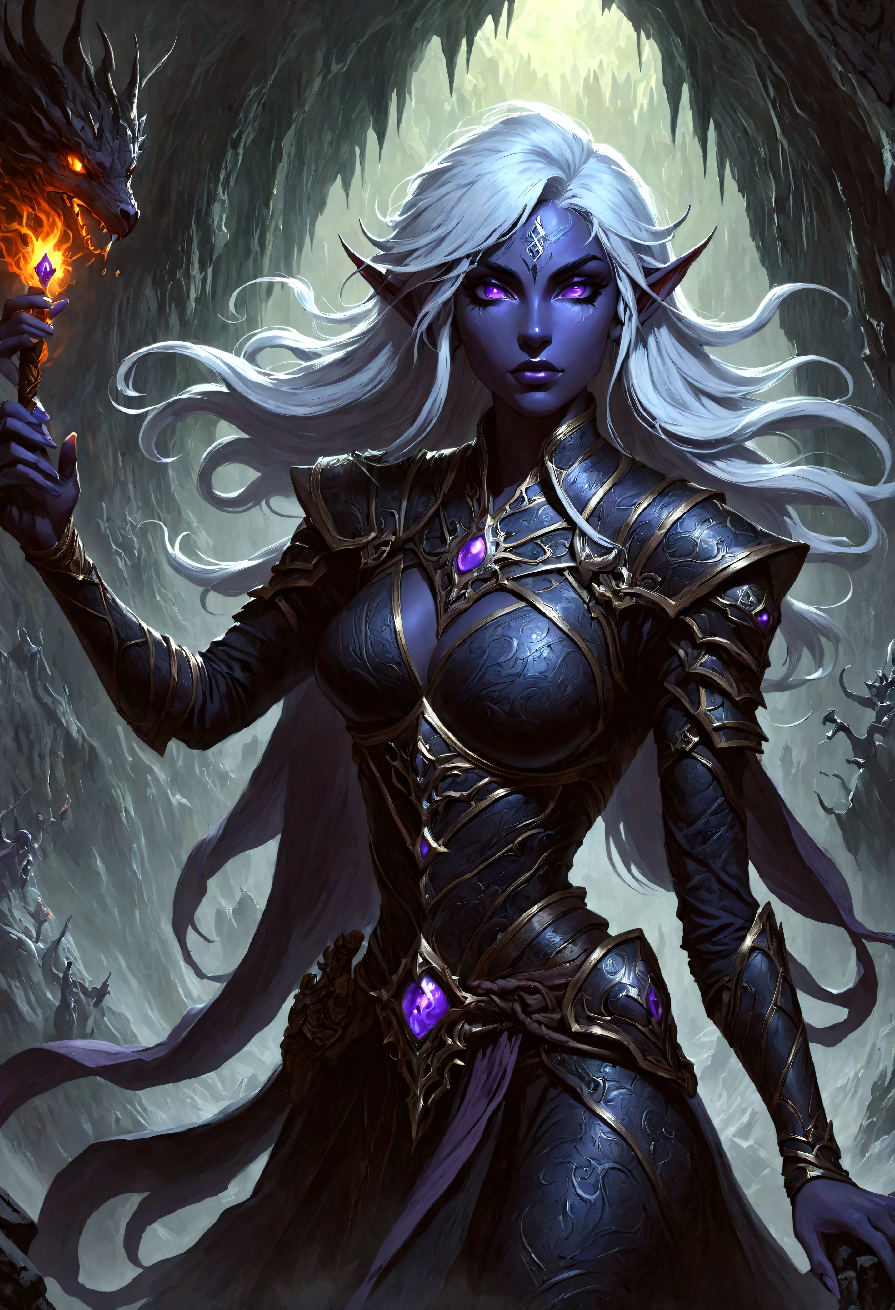 白发Dark Elves， Noah Bradley (Noah Bradley) Inspiring Portraits,Dark Elves，Drow，Dungeons &amplifier; dragon，magic游戏，magic，Summon the Dragon