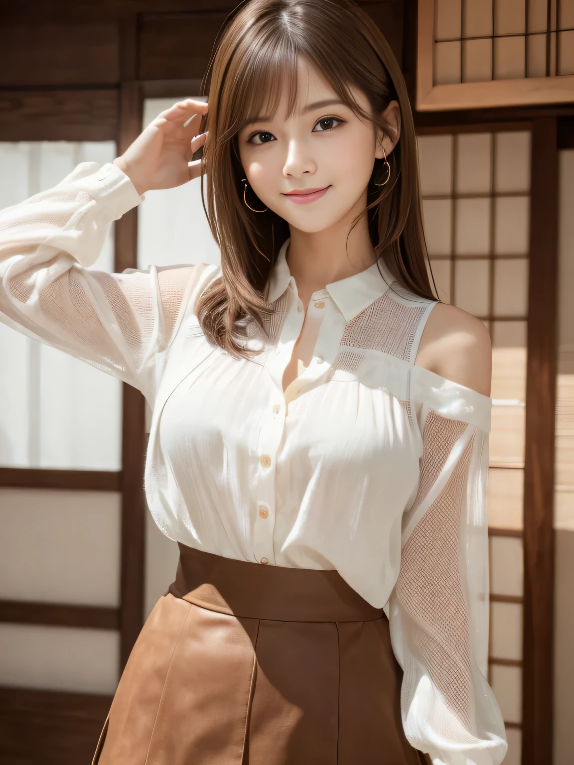 Ultra-high resolution, Superior Quality, highest quality, Very detailed, Realistic, 8k, RAW Photos, highest quality, masterpiece, Attractive girl, Awesome girl, Brown Hair, Shoulder-length layers, Mesh Hair, Japanese Idols, Sophisticated, stylish, blouse,smile、Random cute poses