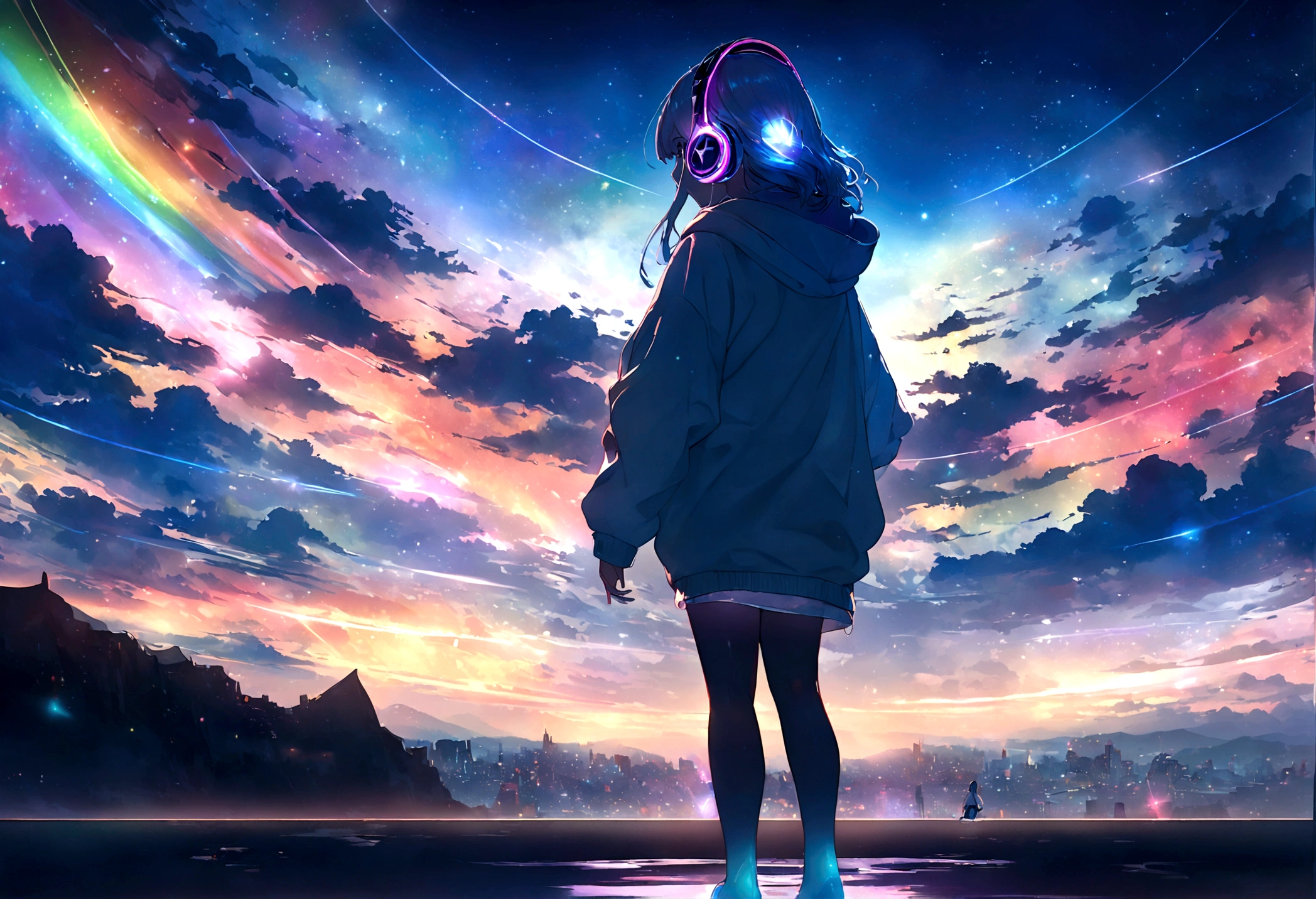 Future City、Neon Street、Super beautiful light、((Colorful light))、mysterious cityscape、8k,((cinematic light and shadow))、(((One City)))、Countless lights、Transparent Prism、(((A scene from a movie)))、((眩しいNeon Street))、Transparent Prism街、(((Rainbow light)))、((There are many different colors mixed together.))、((Starry Sky))、(((Ultra-realistic CG)))、Reflective Landscape、(((A small rainbow-shining figure)))、(Full body woman)、((hoodie))、((Wearing shiny futuristic headphones))、(((Standing in the distance)
