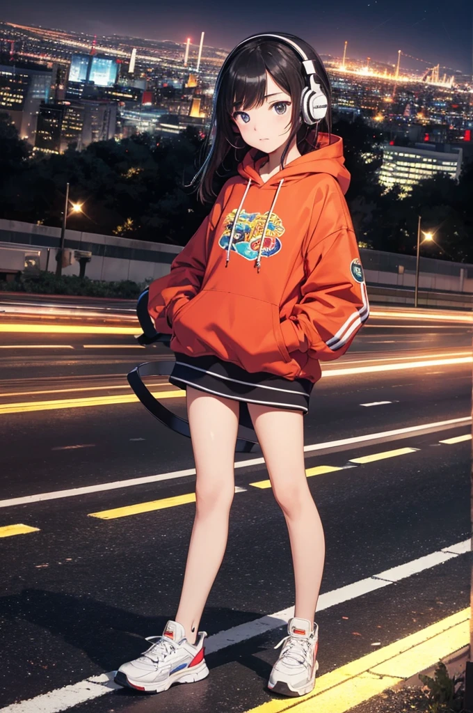 flat color,popart style,(best quality, masterpiece, ultra highres, ultra-detailed:1.2) , top-tier quality, 16K UHD,  tween girl, profile,detailed face,Cityscape at Night, solo, introspective, reflective, contemplative, gaze fixed on the highway, headphones on, hoodie, sneakers,long exposure photography, light trails crisscrossing the night sky, detailed facial features, highlighted by the city lights, fair skin with a natural glow, rooftop setting with the city's twinkling lights as a backdrop, ((fullbody)),side angle, ,depth of field,portrait, 