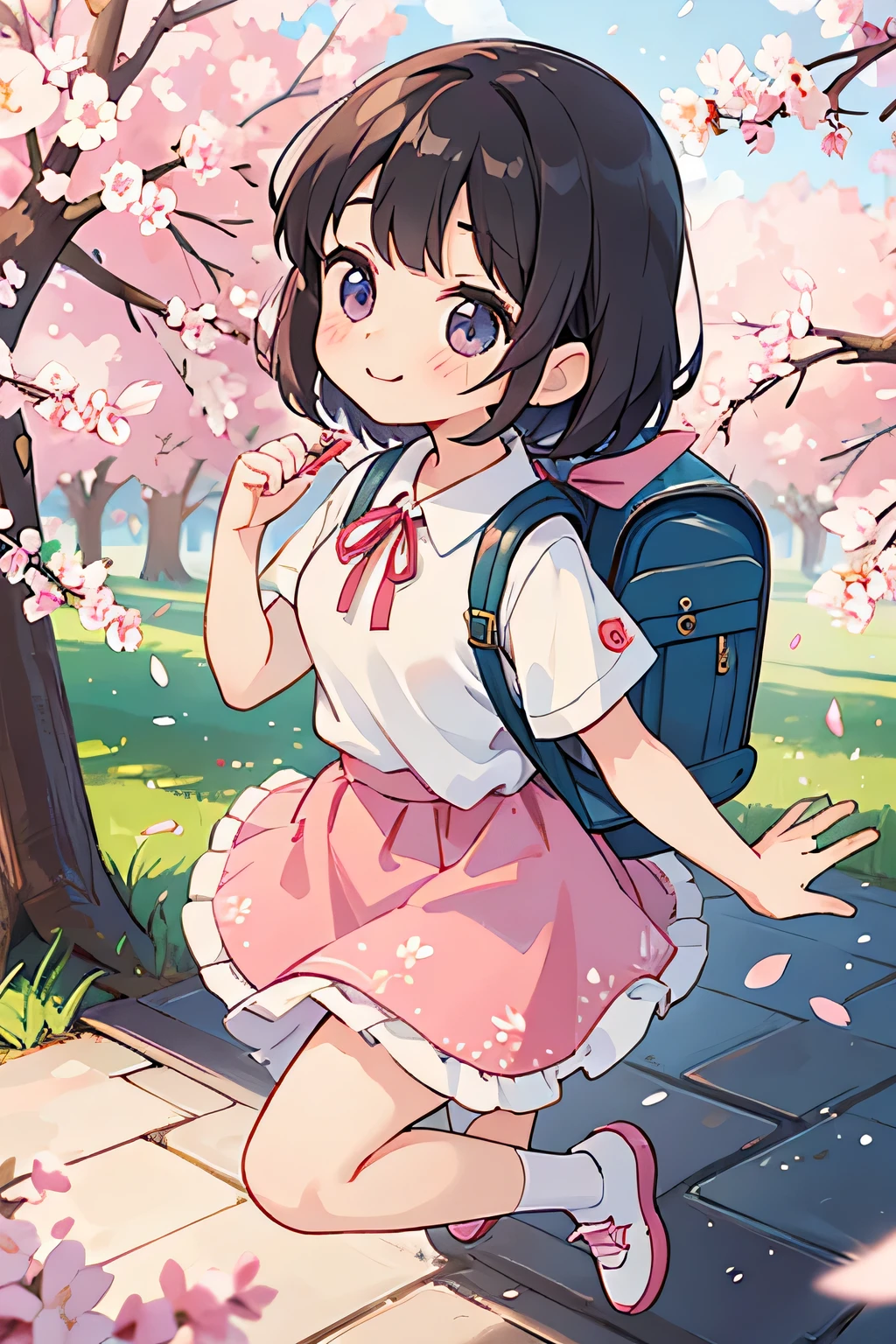 highest quality、High resolution、Detailed Background、(Detailed eyes:1.2)、10 year old beautiful girl、(Highly detailed face:1.4)、Huge breasts、Cute hair color、Cute hairstyle、
Carrying your backpack tightly、Walking energetically with small steps、
Holding hands with friends、While smiling and chatting、Cherry blossom petals fluttering、Going to school happily、
So cute!、It's soothing to watch.、
The way to school、A moment of fun、
Of girls with exciting hearts、A scene of friendship、
I can't help but smile、Such a day々In the scenery、
Watching over your little back makes me feel kind、
Because we wish for a childlike innocence and healthy growth、
The designs of stylish and clean-looking T-shirts and polo shirts decorated with frills and ribbons are intended to help people improve their lives.、Skirts and culottes are suitable、Jackets and cardigans are recommended、
The design is decorated with ribbons and lace for a cute look.、Sneakers or flat shoes are recommended