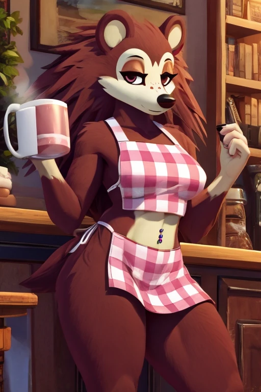 a digital artwork of sable wearing a crop top of her pink apron with a bare midriff and a bare navel, trending on artstation, 4k, anthro style, furry, she is drinking her coffee, she also has a navel piercing