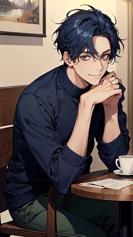 (highest quality,High resolution,masterpiece:1.2),Abstract,Masculine,Navy Blue Hair,28 years old,Dark blue eyes,sweater,cargo pants,Dark blue gaze,Calm,quiet,A kind smile,sitting on a chair in a cafe,talk