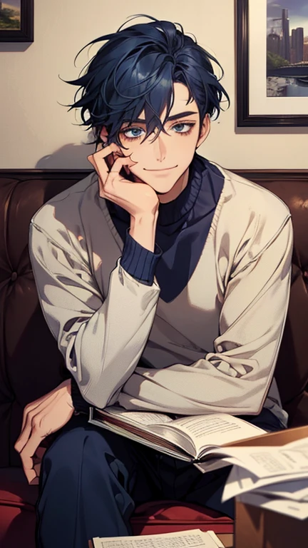 (highest quality,High resolution,masterpiece:1.2),Abstract,Masculine,Navy Blue Hair,28 years old,Dark blue eyes,sweater,cargo pants,Dark blue gaze,Calm,quiet,A kind smile,sitting on a chair in a cafe,talk