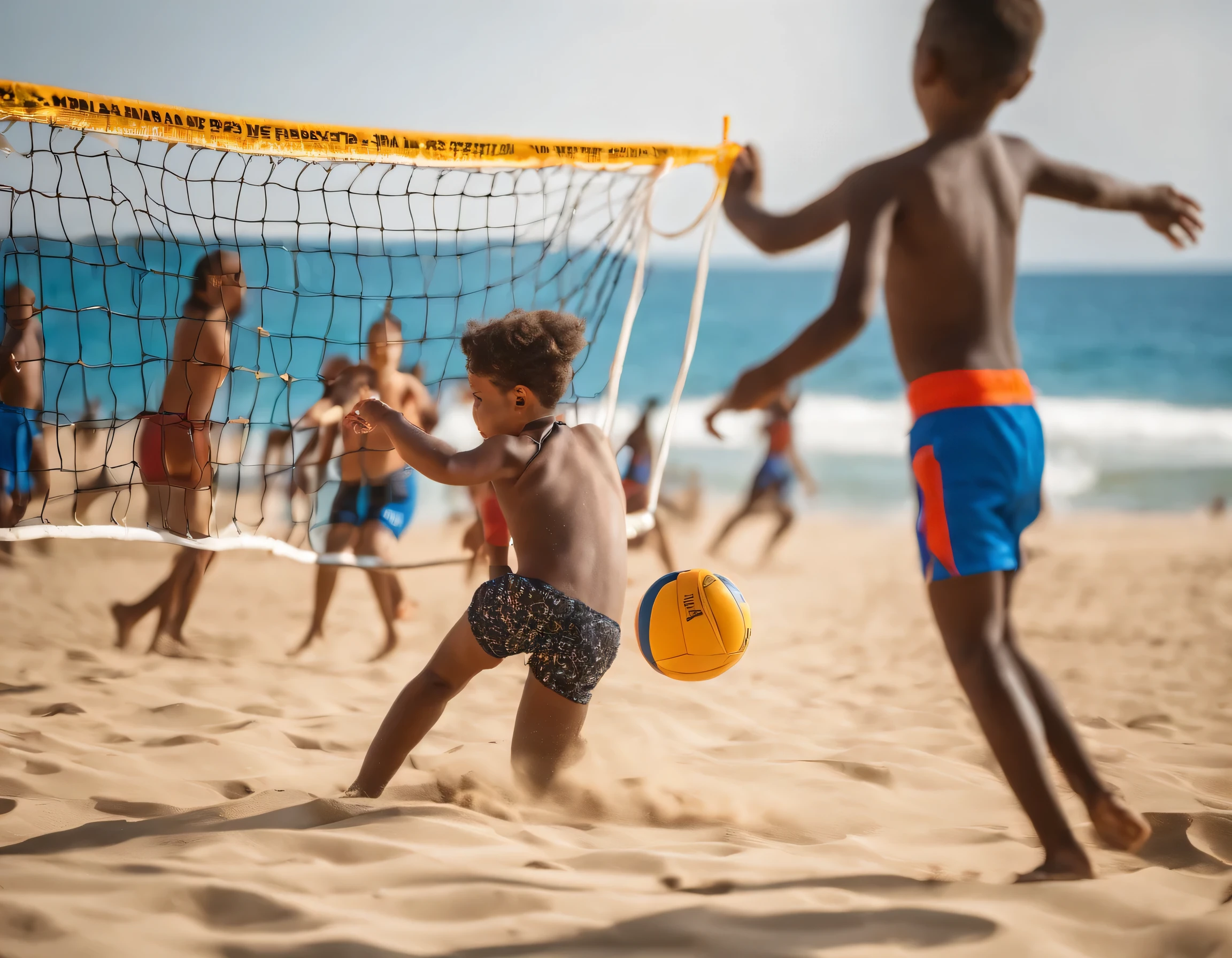 The image shows a sunny beach scene, with golden sand extending as far as the eye can see. No centro, a lively group of underprivileged children, vestindo camisetas coloridas e shorts, are gathered around a sand volleyball net. Some children are jumping to block or cut the ball, enquanto outras riem e torcem animadamente. Ao fundo, more children are engaged in a futvolley match, while others hit a beach tennis ball on a nearby court.

Around the group of children, there are some adult figures, representing project volunteers and trainers, incentivando e orientando os jovens jogadores. The blue sky is dotted with white clouds, conveying a sense of tranquility and hope.

Na parte inferior da imagem, the logo of the social project is highlighted, com um slogan inspirador, como "Construindo sonhos, um jogo de cada vez", em letras vibrantes e acolhedoras.

Essa imagem transmite a alegria, the camaraderie and social and physical benefits that the project offers to underprivileged children, highlighting the importance of sport and community at the beach.