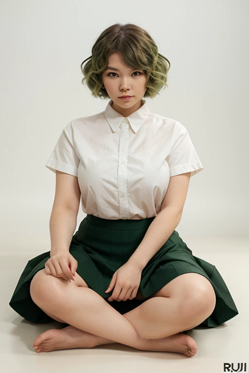 Tatsumaki from one puch man, green hair, sitting legs crossed, curvy body, wearing simple black flats, skirt, entire figure, no background, focus on flats