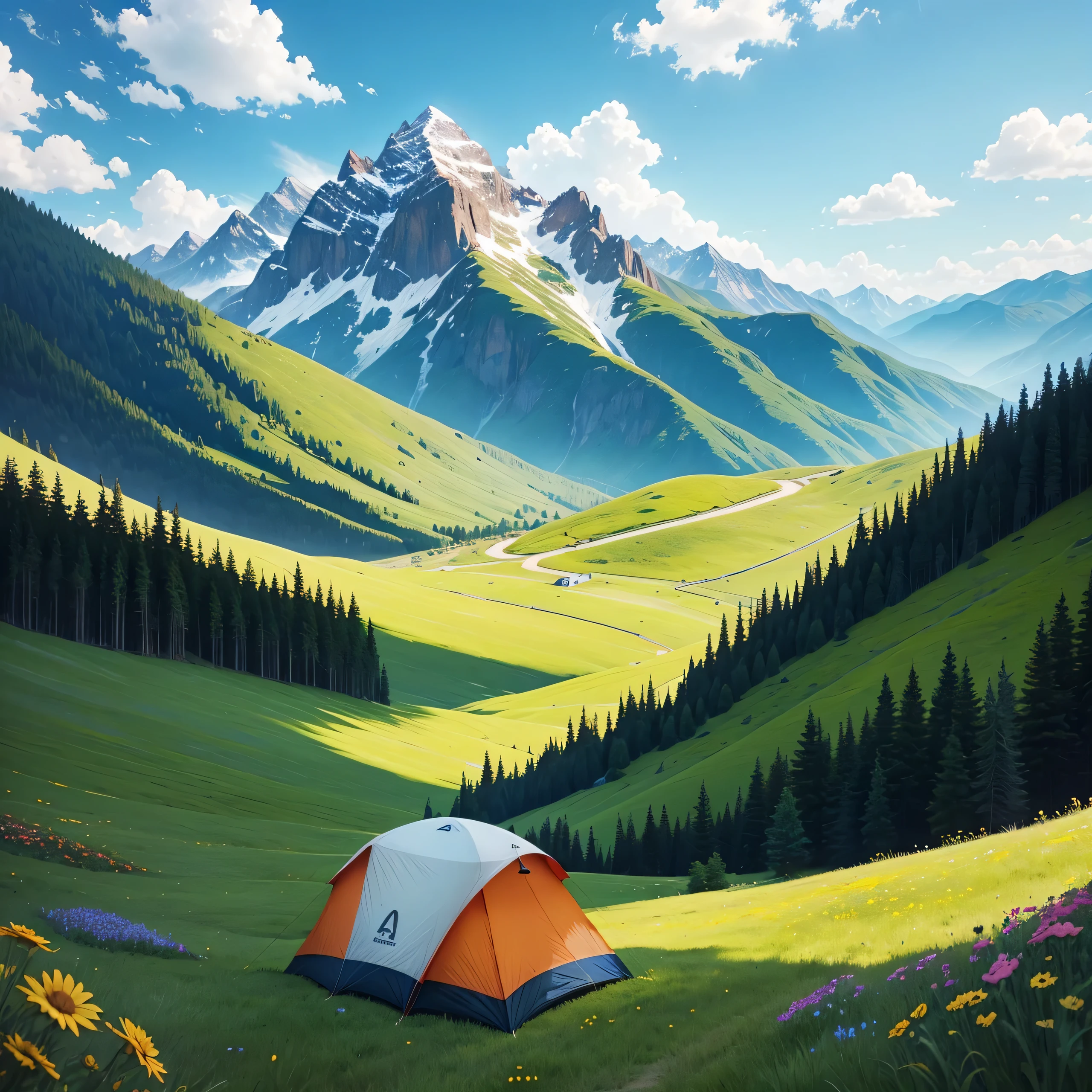 Friends are camping at mountain enjoy the view the mountain cover with green grass and flowers . Sun greatly shines and provide a contrast. The wind blows and the picture is from a distance of 10 meter