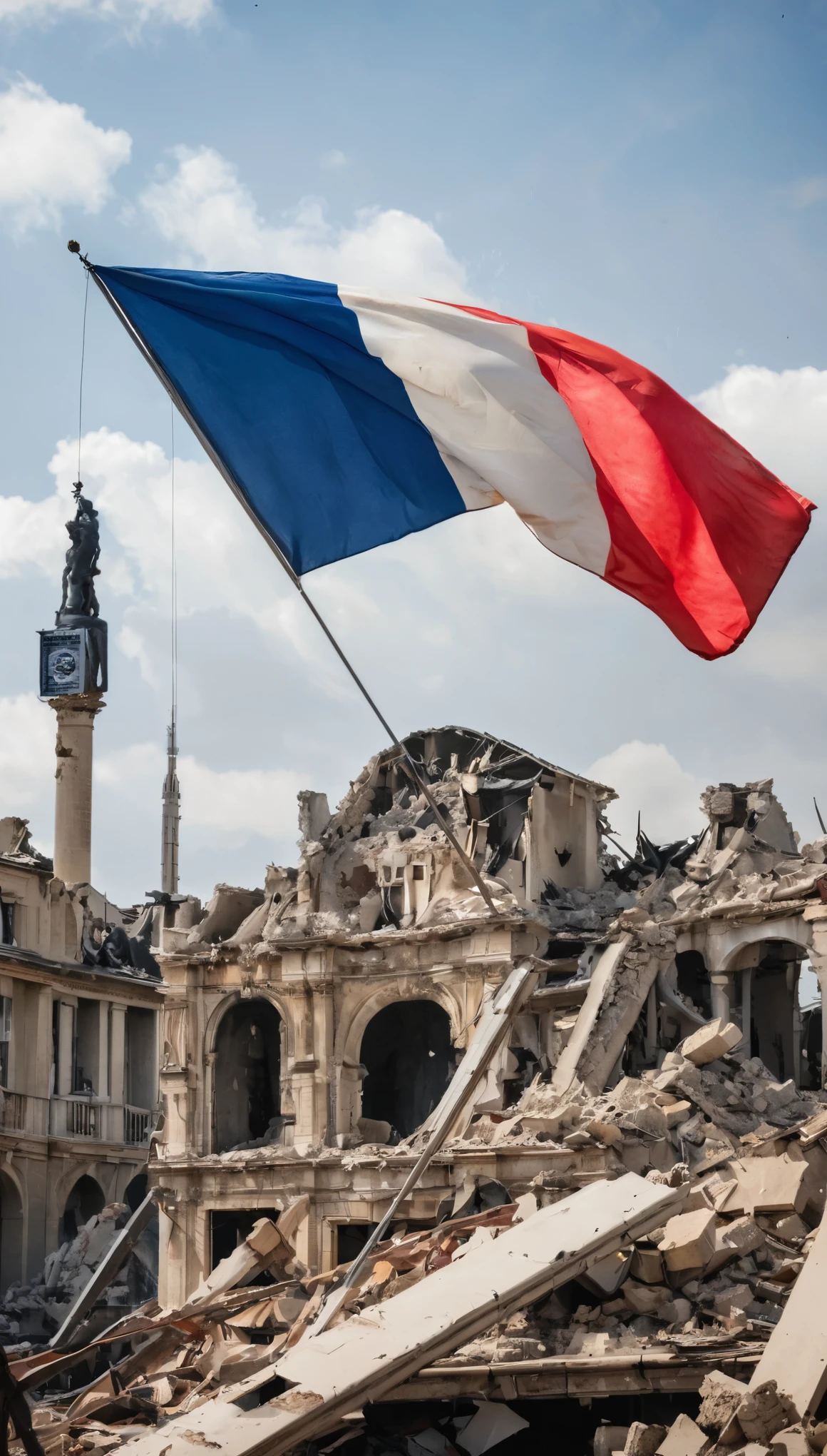 a French flag flying above a city destroyed by a bloody war