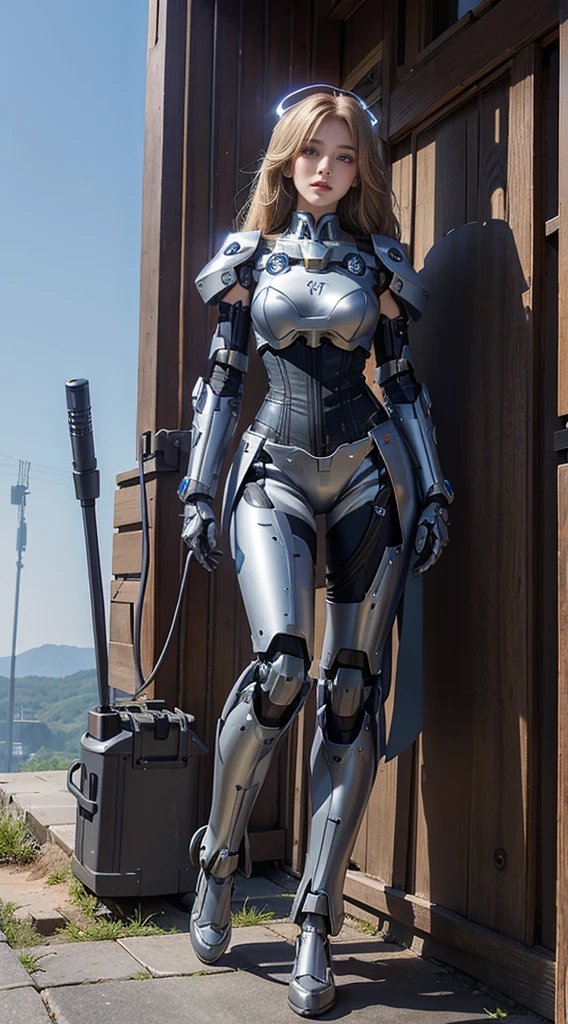 realiStically, high reSolution, 1 female, Hip Lift, , Mecha Girl,Mechanical PartS, jointS,Single mechanical arm, Have, Mechanical halo,Star Halo,Complex mechanical Suit, mecha corSet, Straight'S, White mechanical body,Beautiful and slender hands、(Big eyes、Well-formed face)smile,"masterpiece, highest quality, 1 Girl, Full body portrait, Sensual pose, eyes, Multicolored Hair,Sculpted legs and seductive curves, ,Medium milk beautiful milk, Beautiful Face,