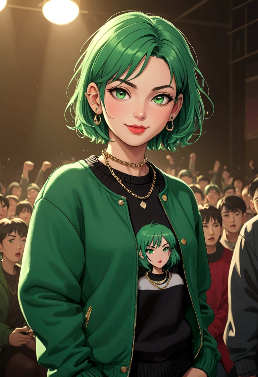 Mj Ossia style, 1 Girl, Solitary, looking at the audience, Smile, short hair, Jewelry, Shut up, Green Eyes, Jacket, earrings, Green Hair, 项chain, sweater, Lips, 高领sweater, chain, punching, ear punching, portrait, 高领sweater sweater, Practical, nose, black sweater, earphone, Earplugs, masterpiece, best quality ,