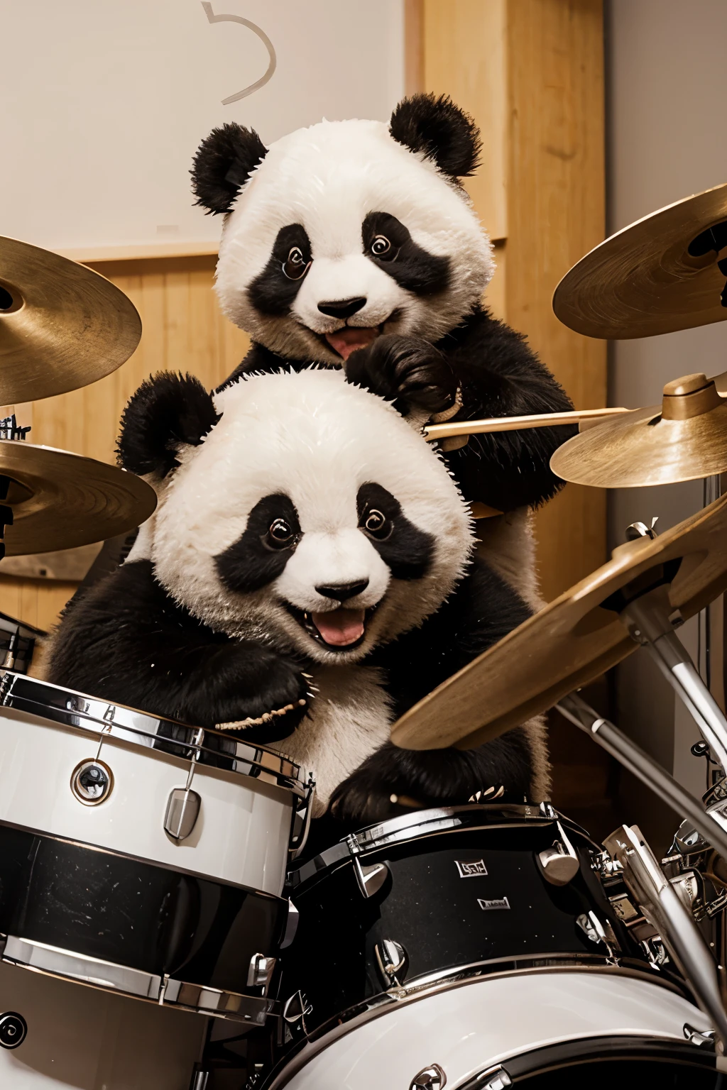 a cute panda smiling and playing drums, the background is a white studio 