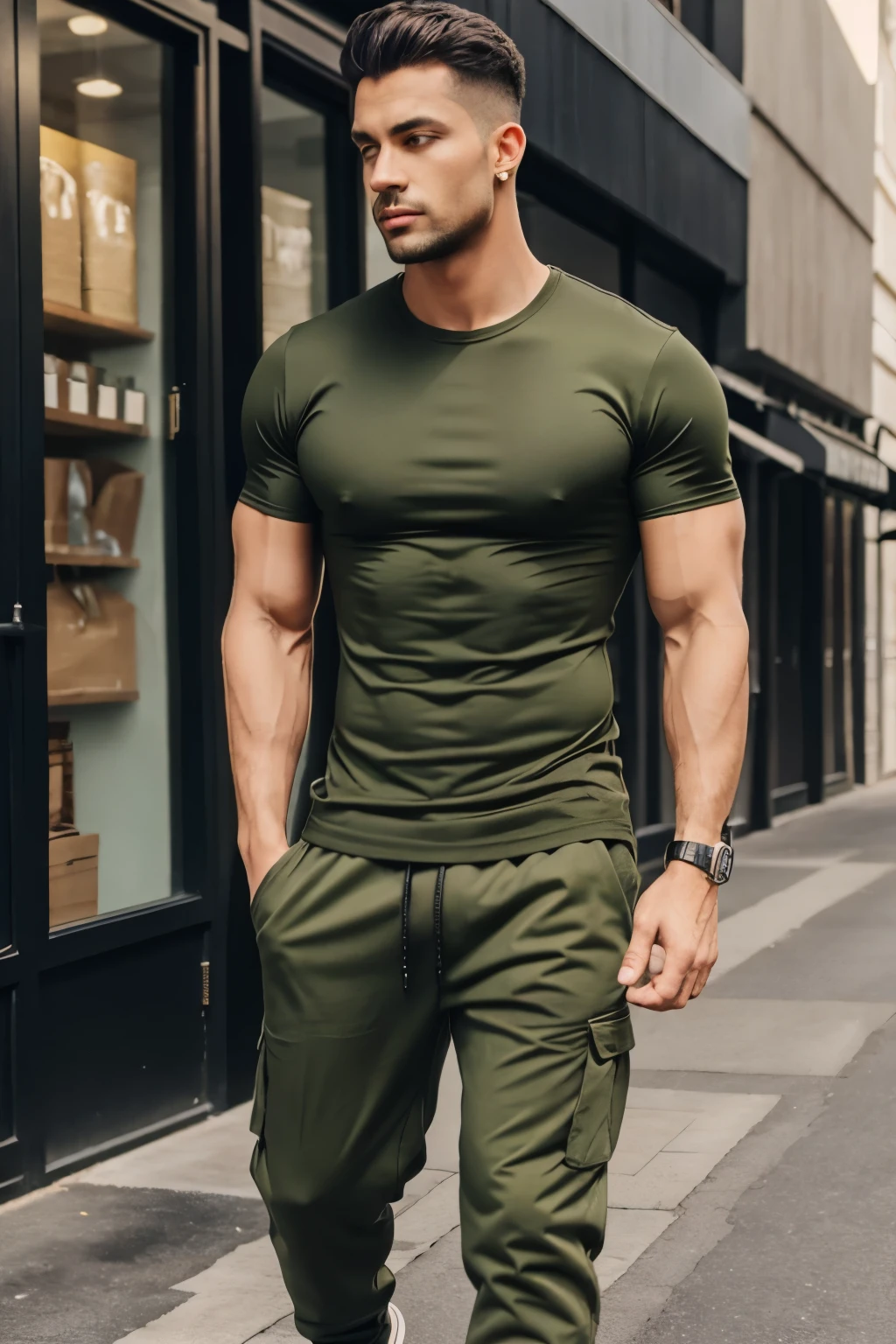 Men wearing olive green tshirt with olive greeen joggers with black shirt