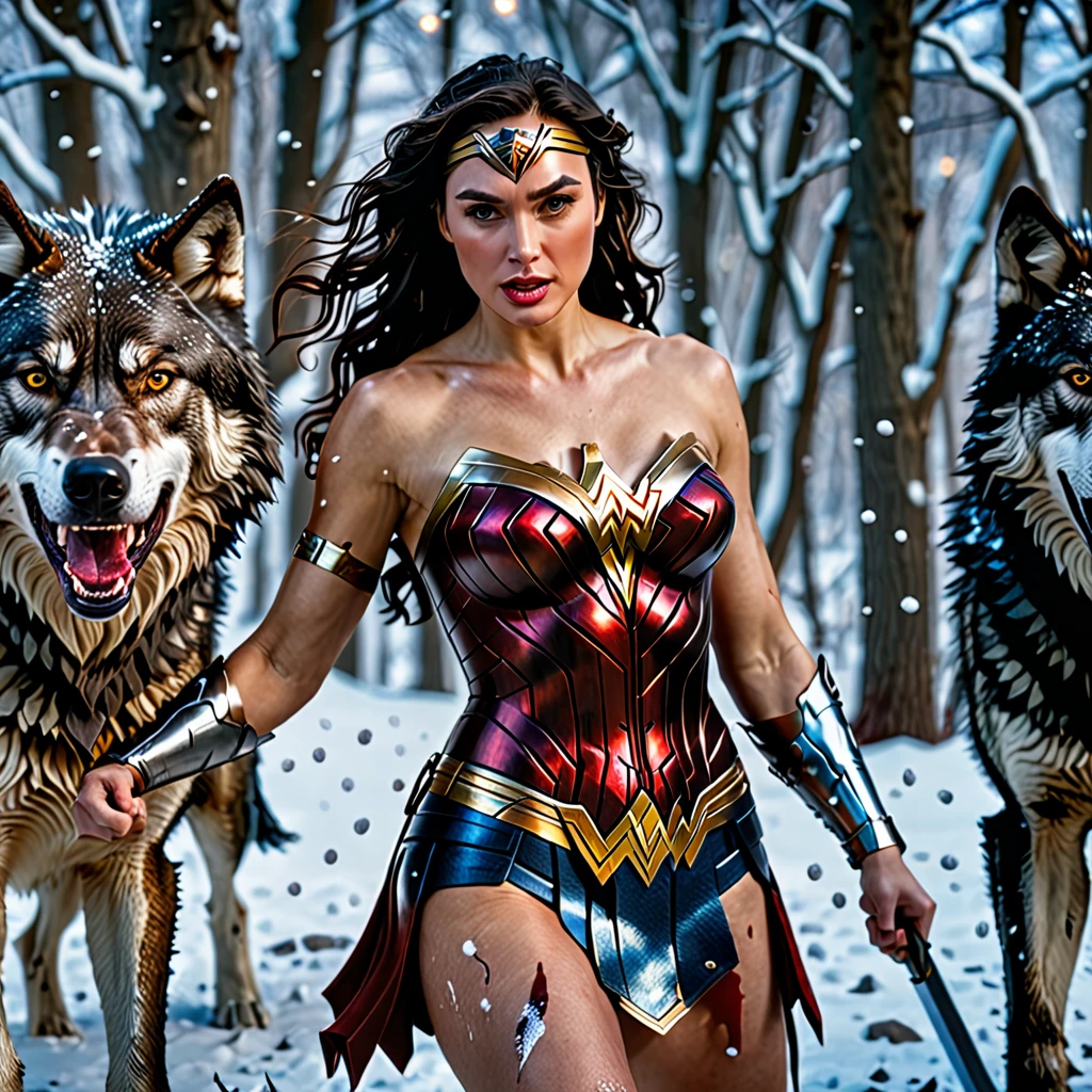 4k highly detailed realistic digital extremely high quality RAW photograph, a portrait photo of Wonder woman that lived with wolves her whole life is now leading them to battle. torn clothes exposing (nude:1.4) body, armored pauldrons, fangs, curled horns, big breasts, ((snow and blood)), ((wolf tattoos)), epic, hyperrealistic, hyperrealism, 8k, cinematic lighting, greg rutkowski, wlop, (f1.8 short focus bokeh)