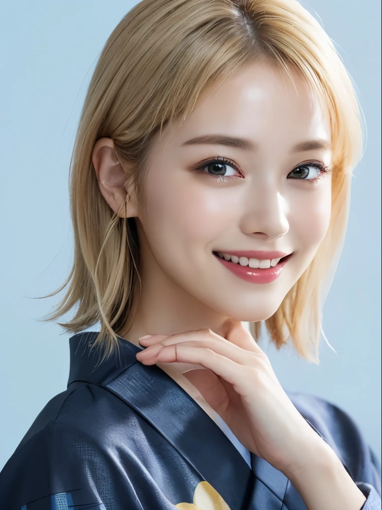 (highest quality、8k、32k、masterpiece)、(RAW Photos)、(Realistic)、(High resolution)、Very detailedな、Very beautiful face and eyes、One Girl、Round and small face、Delicate body、(close、highest quality、Rich skin detail、highest quality、8k)、Very detailed、(Realistic、Realistic:1.37)、Vibrant colors、(((Laughter)))、(((Golden Hair)))、(((I touch my chest with my right hand)))、(((Smiling)))、(((Bust Shot)))、(((White Background)))、((Medium Hair))、(((Pure white wall background)))、(((Blonde)))、(((She is wearing a yukata with a pop design.)))、(((Black and light blue yukata)))、(((Pure white wall background)))、