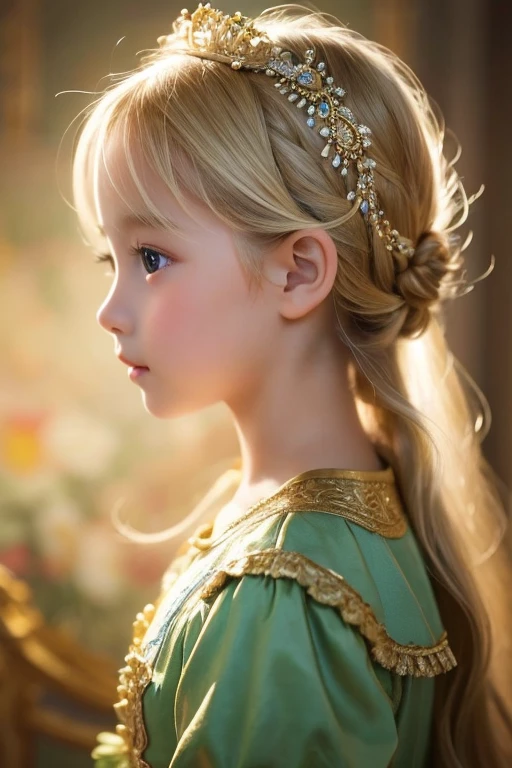A 6--old utiful girl painted in an oil painting style reminiscent of an impressionist painting.。She is fair-skinned and、With long blonde hair、Wearing gorgeous Rococo costumes。
Her profile has a perfectly beautiful profile with a deep nose and a deep moat.
Gentle mouth。The backdrop is a magnificent, gorgeous, cinematic palace。