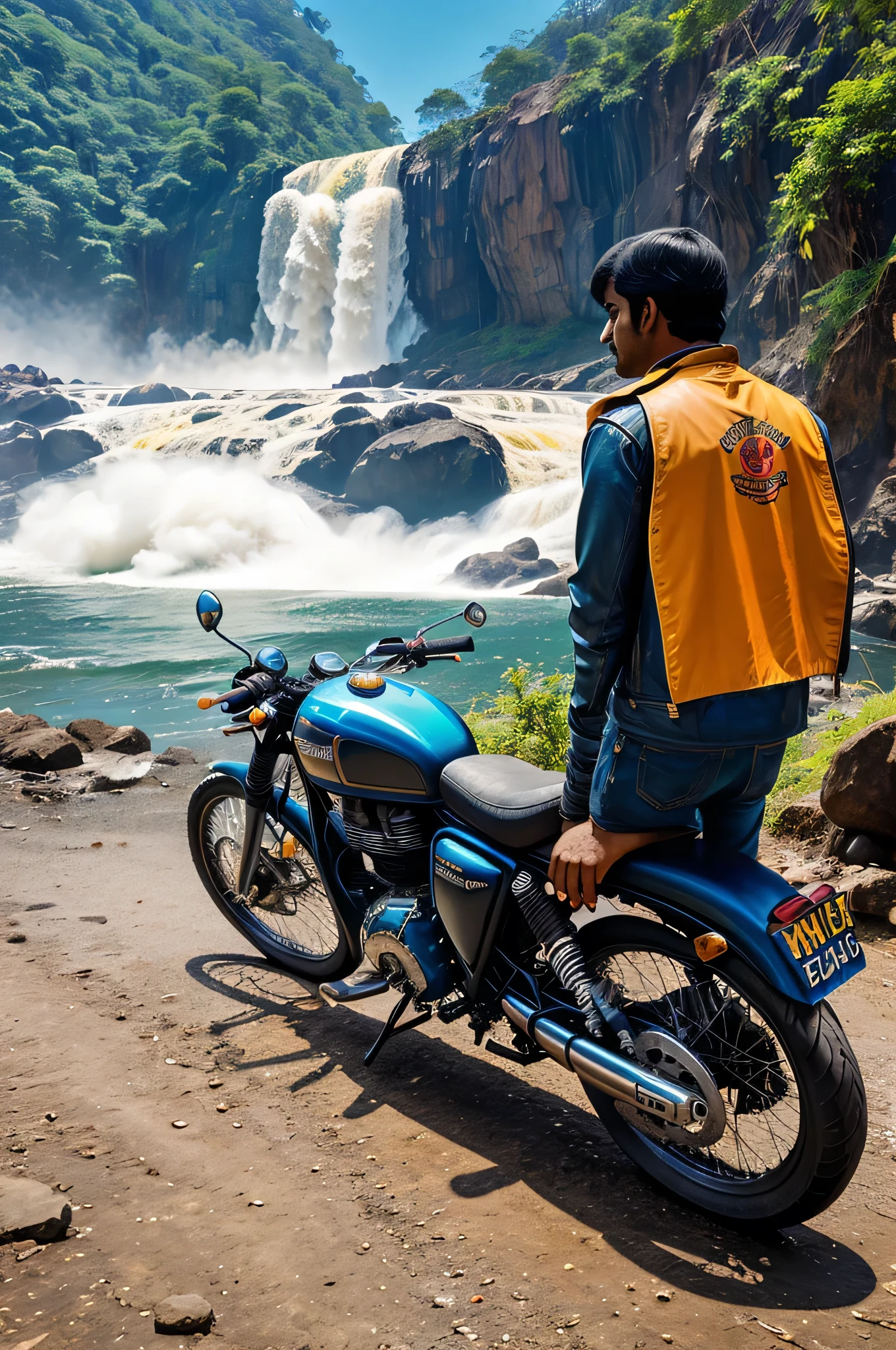 Man , confident , vibrant colours, royal Enfield hunter 350 Indian model, valley doodhsagar falls 