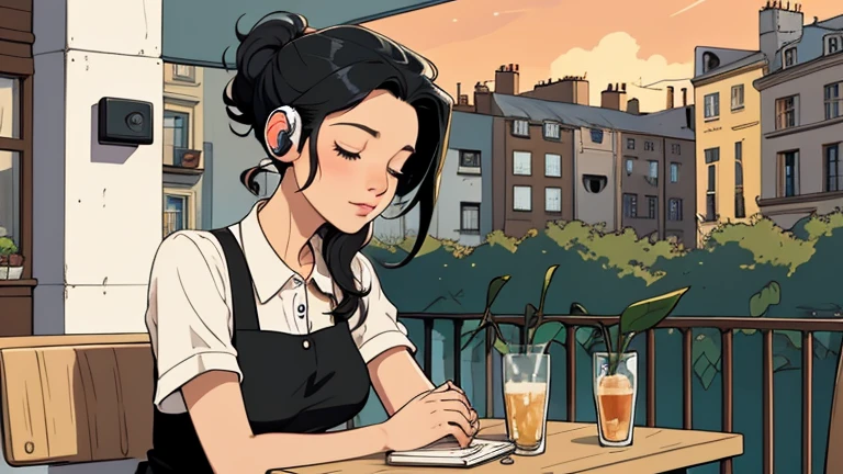 Beautiful woman in her 30s with black hair up is sitting with headphones on the cafe terrace. Looking down, eyes closed, LOFI girl, alone in the room, blouse, cozy wallpaper, relaxing mood, cozy, only five fingers, European cityscape,