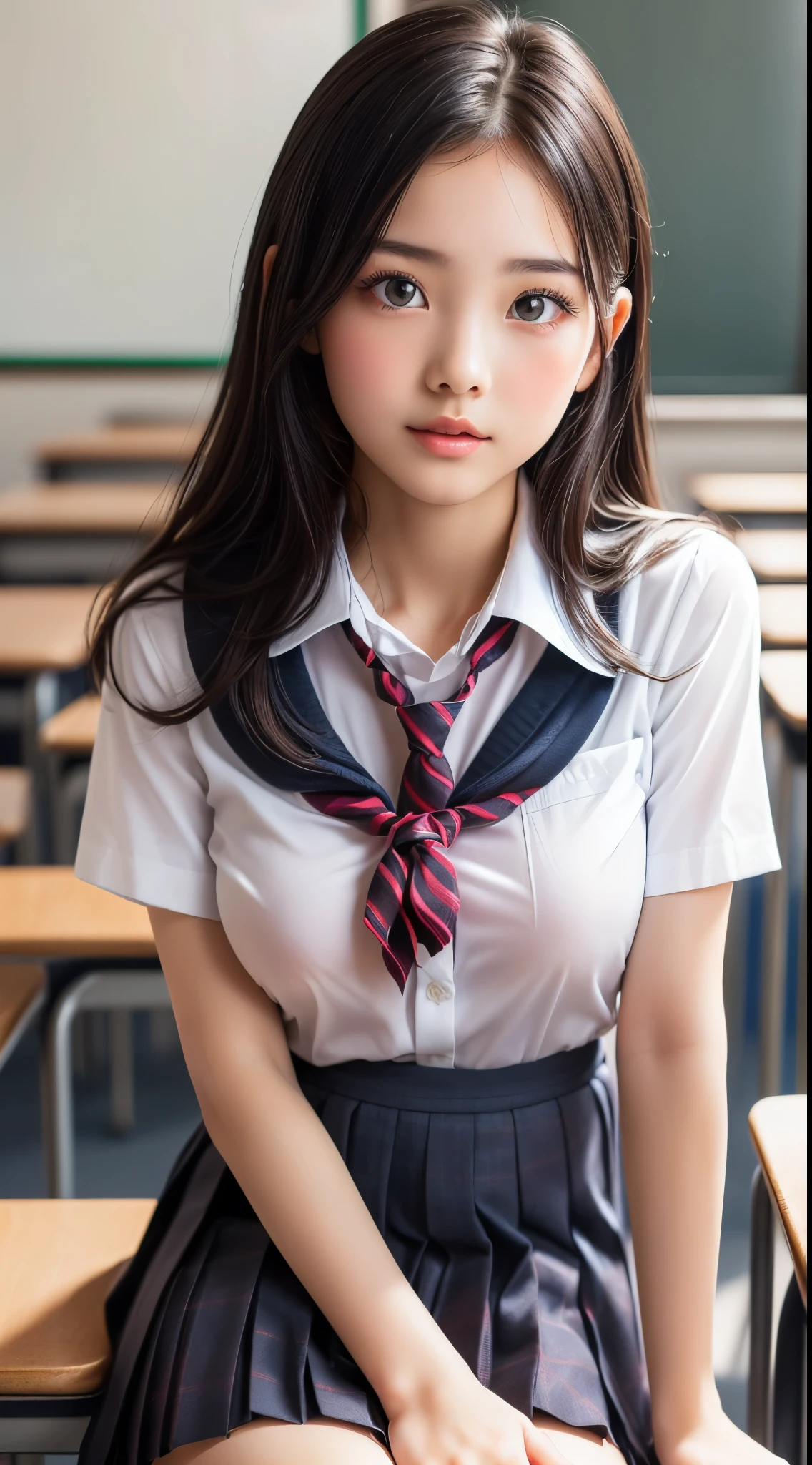 (1girl), (sexy look:1.7), (Highly detailed eyes, Highly detailed face), (Hyper-realistic, hight resolution), (Best Quality:1.4), (hyper quality), Authentic skin texture, Raw photo, (Realistic, Photorealsitic:1.37), highly detailed, Professional Photography, (school uniform, pleated skirt:1.3), (Staring at me), (School, classroom), (facing me and kissing me:1.4),
