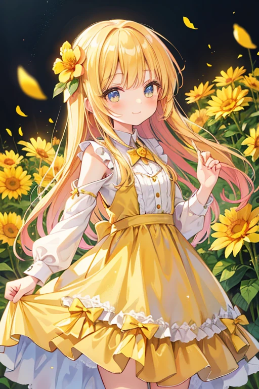 anime, watercolor medium, cute girl, sweet, Pretty, honey blonde hair, hime cut, long hair, long eyelashes, smile, yellow flower, has a single yellow flower, pouring light, dress, front view, dutch angle shot