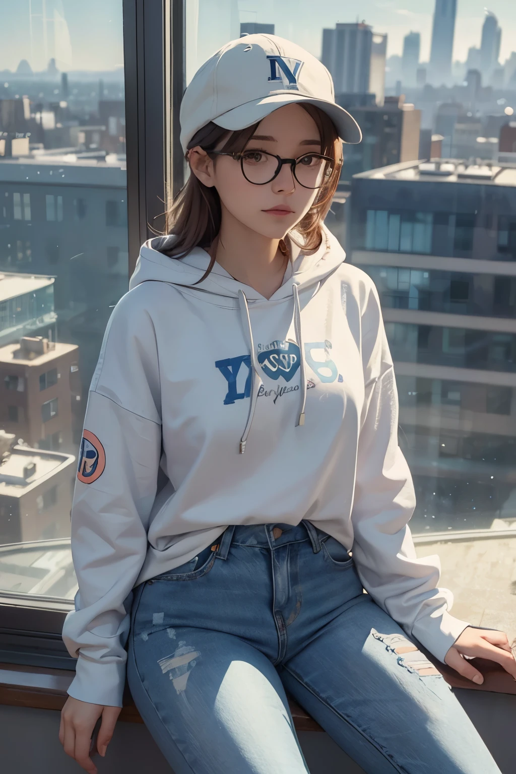 A woman with a cap, round glasses, a hoodie with the letter y design and jeans is sitting on a windowsill, looking out at the city skyline. The background is painted in soft pastel colors, and the woman’s features are loosely sketched in with watercolor