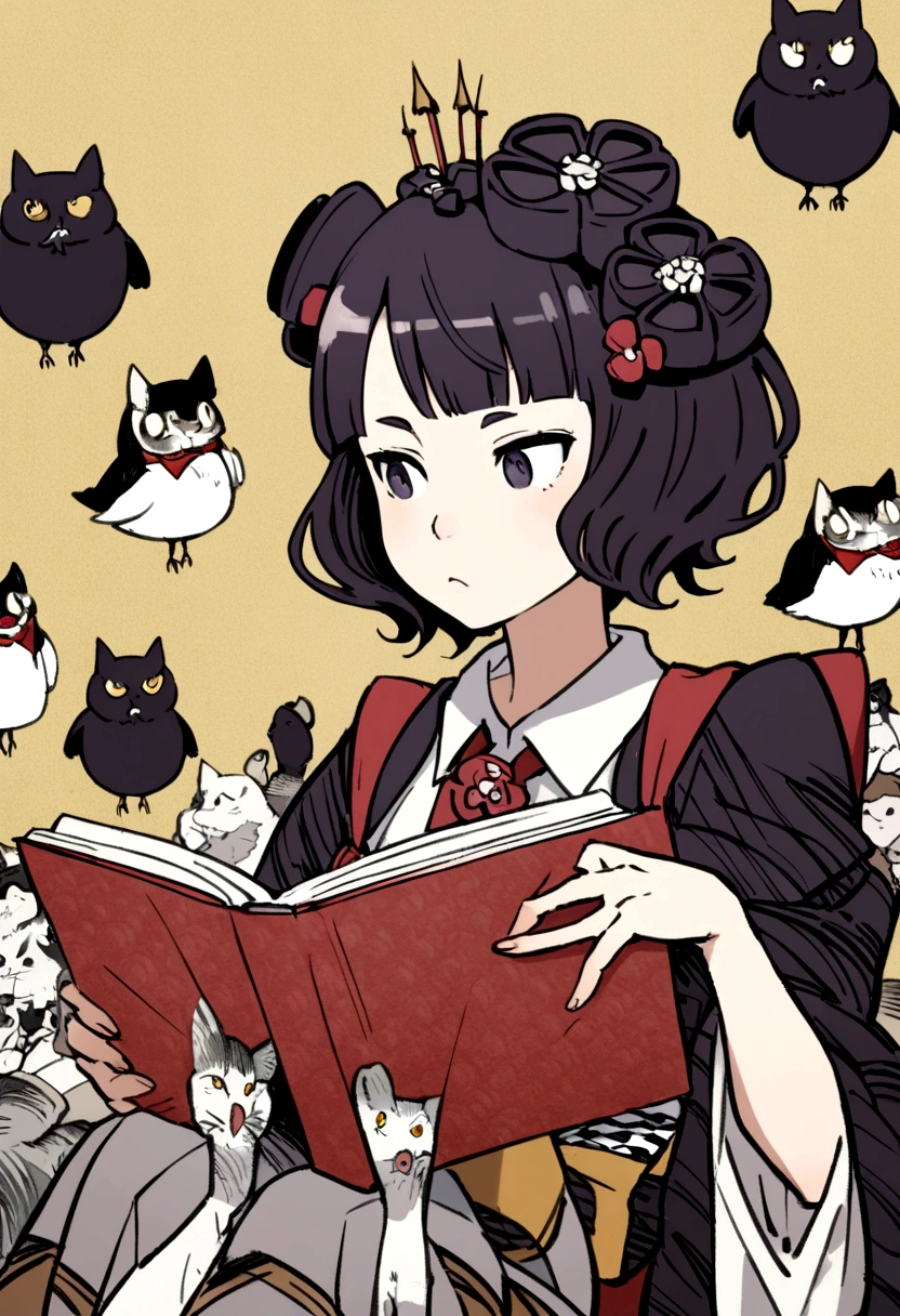 Anthropomorphic cat, temple school, reading books, Katsushika Hokusai, Utagawa Kuniyoshi, bird-and-beast caricatures, delicate and precise, Ukiyoe style, girl