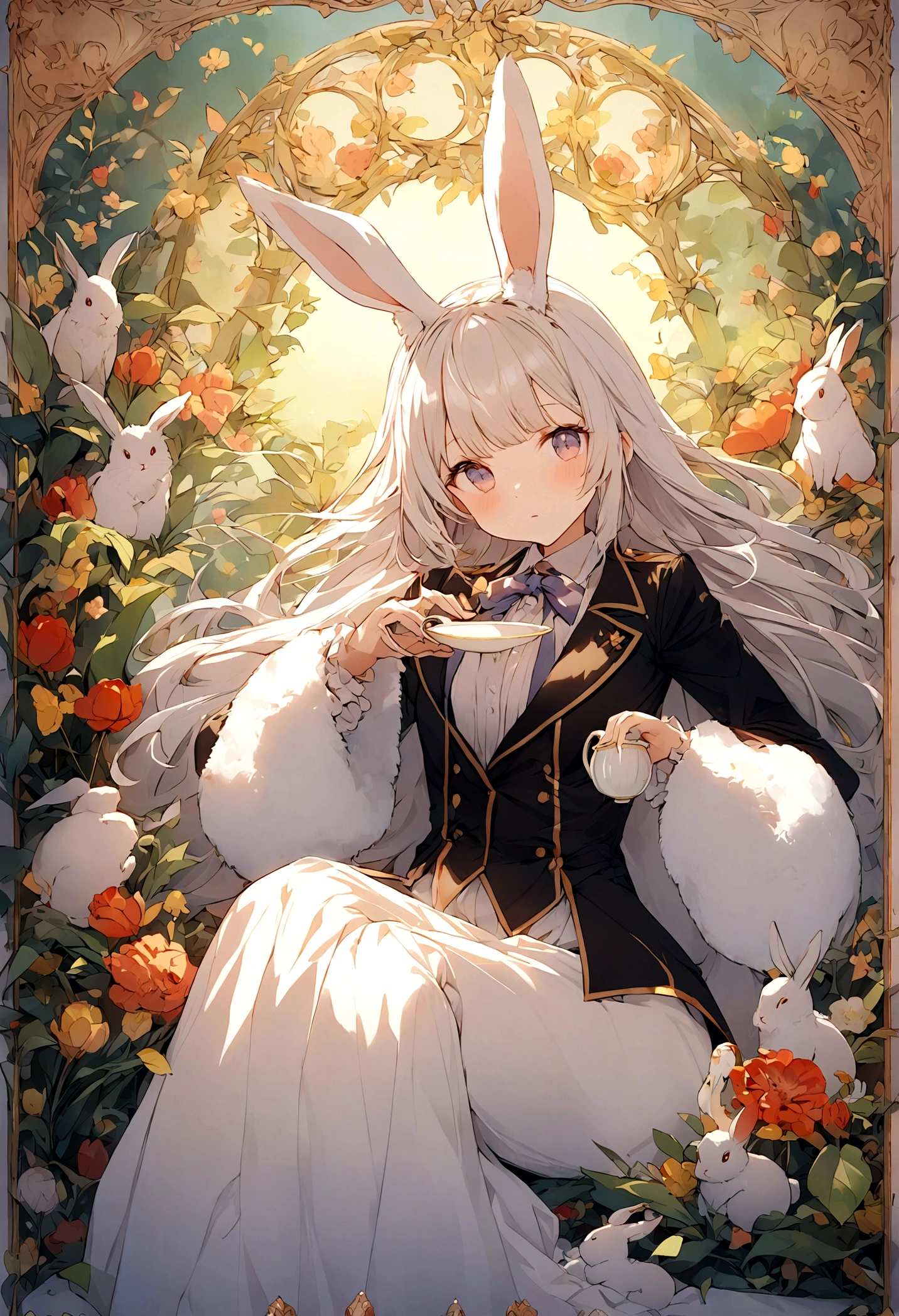 "Generate ultra-high resolution images of chic rabbits, A grey rabbit in a butler's uniform. Use advanced macro photography techniques、Highlights the intricate details of rabbit fur, Beard, Expressive eyes.
She is pouring tea while looking at me., Create an intimate connection between the viewer and the subject,Achieve a shallow depth of field, The rabbit stands out clearly against a slightly blurred background.
Improve lighting to highlight the texture and contours of the rabbit's body, Using software, Remove coarse shadows、, A cozy fairytale atmosphere.
Scratch your rabbit in a relaxed position, But there's a balance, Show your flexibility and elegance. Capture the moment of natural movement, Strwaithing, The beauty of pubic hair, wait., Communicate reality.
Implement post-processing techniques to improve image clarity, Contrast, Color balance, Protecting every aspect, From the rabbit's complex patterns to its sharp gaze, Rendered in stunning detail.
finally, Communicating the gentle beauty and natural grace of rabbits,, Capture the moment,Celebrate the rabbit's unique curiosity and balance."
