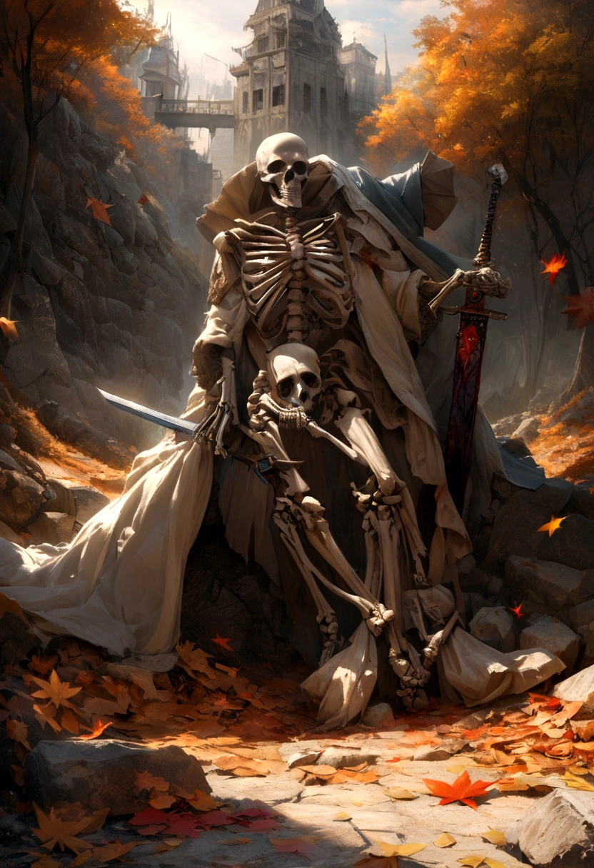 (8k, 16k, Awards, highest quality, High resolution, Super detailed, Realistic, RAW Photos), Highly detailed 4K resolution digital art, (Skeleton Swordsman: 1.3), warrior, Lighting is dynamic, Enhanced complex details, Splash art with triad colors and deep tones, Picture book style, Hairless Warrior, The best camera models and lenses, Japanese sword, autumn leavesのある大木, autumn leaves, Return blood, Overwhelming beauty Many swords are stuck in the ground, Symbol of strength.