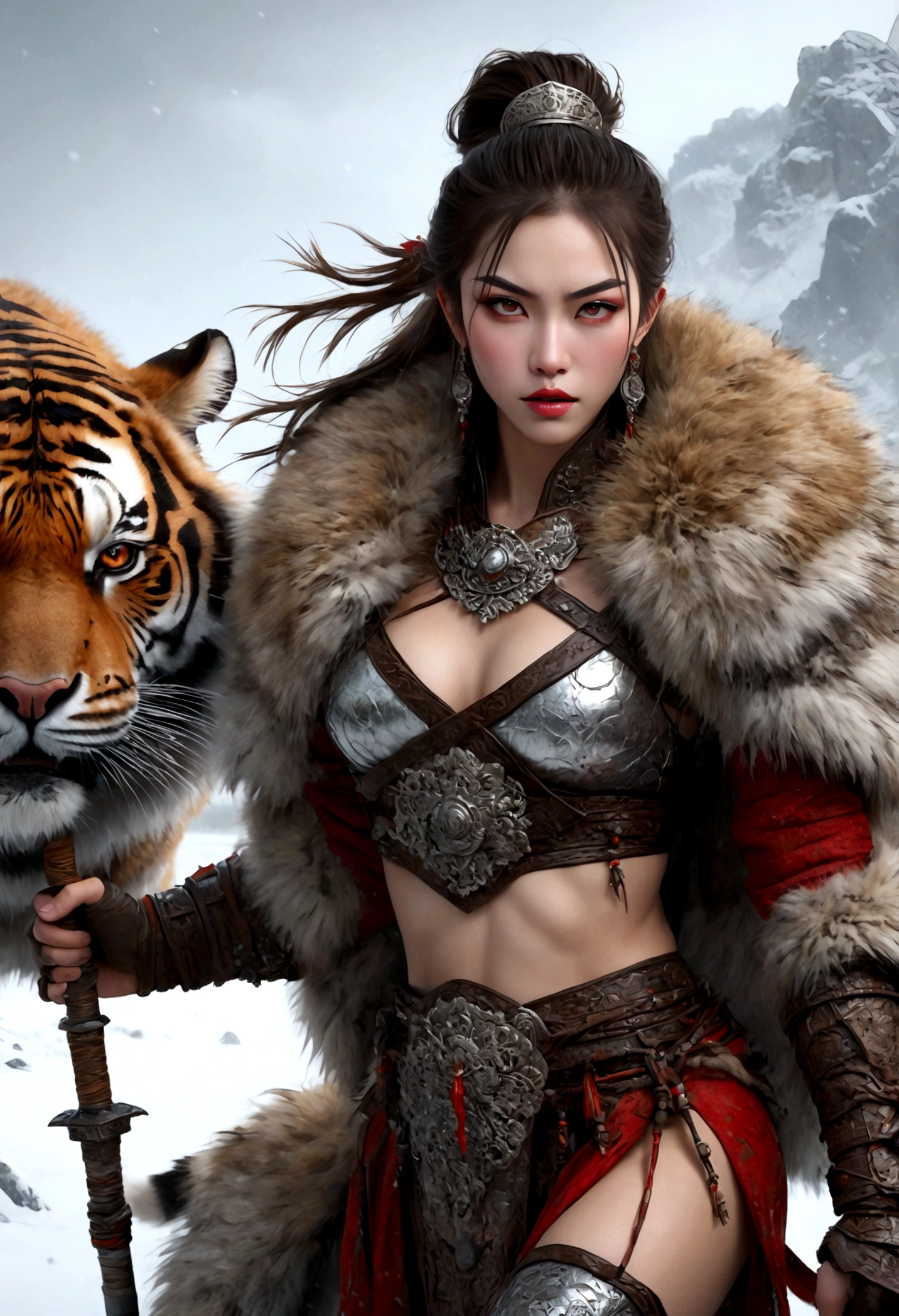 (best quality,4k,8K,high resolution,masterpiece:1.2),Very detailed,(actual,photoactual,photo-actual:1.37),Thick fur winter coat,Creative fusion of traditional Chinese design patterns and contemporary elements, High Ponytail，There is blood on the face，Red paint， Strong expression, Full of energy, Sharp eyes, 1 warrior, Handsome face, Tiger beast, Epic Fantasy Character Art, wearing intricate fur armor, Luis Royo (Luis Royo) style, Northern female warrior holding a spear, HDR, Ultra high quality, Studio Lighting, Ultra-fine, Be focused, Physically Based Rendering, Very detailed的描述, professional, Vibrant colors, Bokeh, portrait, landscape