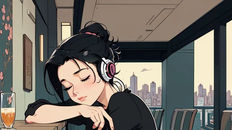 Beautiful woman in her 30s with black hair up is sitting with headphones on the cafe terrace. Looking down, eyes closed, LOFI girl, alone in the room, blouse, cozy wallpaper, relaxing mood, cozy, only five fingers, Tokyo cityscape,