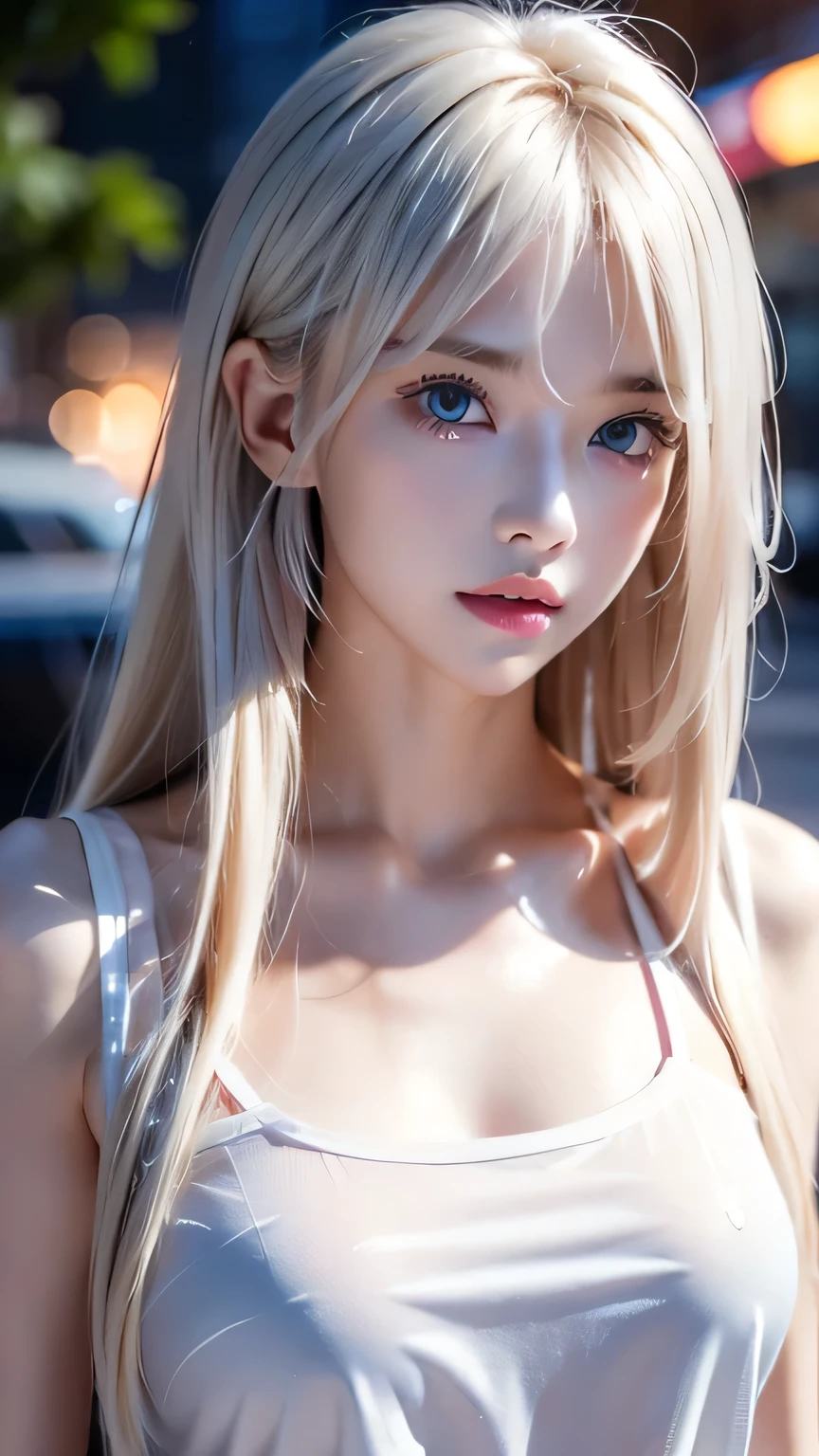 Platinum blonde fine hair、Long Straight Hair、Face and eye bangs、Big blue eyes、Transparent white and wet nightgown、Nordic youth、Perfect body、White Muscle、Shiny skin、Young and beautiful skin、Perfect beautiful little face、Bright makeup、Pale pink lips、Bright expression、1. 16-year-old girl、Buttonless shirt、lipstick、Deceptive advertising、{steams}、Viewer Vision、Golden Hour Lighting、Bokeh Atmosphere Perspective、detailed、Movie Light、Intricate details、High resolution、Detailed features of the face design、detailed、Clear Focus、Smoothness、aesthetics、printing、Octane、masterpiece、{{}}