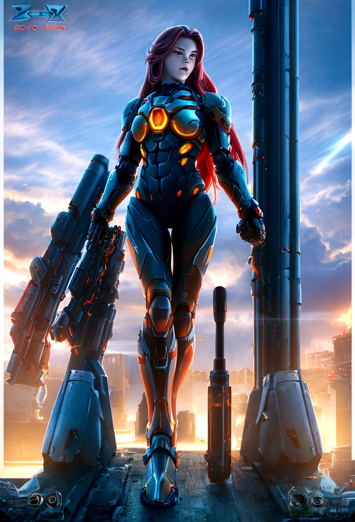 a girl with long red hair, beautiful detailed eyes, beautiful detailed lips, smooth armor, nova from starcraft 2, futuristic cybernetic implants, glowing neon lights, industrial cityscape background, dramatic lighting, (best quality,4k,8k,highres,masterpiece:1.2),ultra-detailed,(realistic,photorealistic,photo-realistic:1.37),cinematic,dramatic,intricate details,highly detailed,vibrant colors,neon lights,moody lighting, red eyes, heavy sniper in the hands, weapon