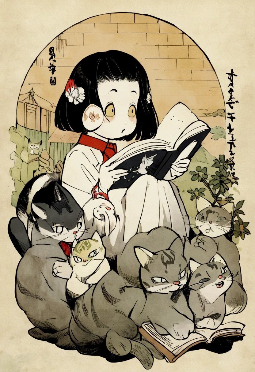 Anthropomorphic cat, temple school, reading books, Utagawa Kuniyoshi, bird-and-beast caricatures, delicate and precise, Ukiyoe style, girl