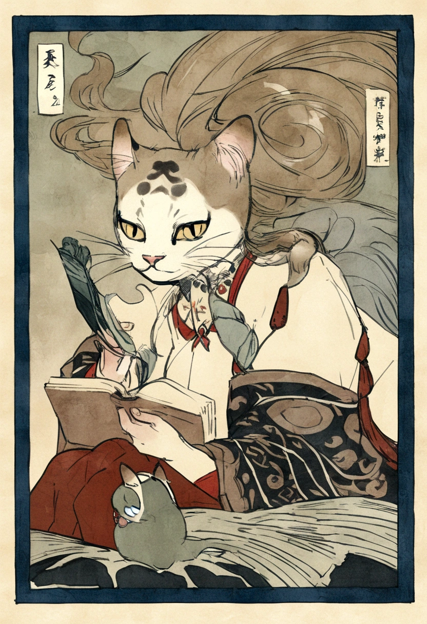 Anthropomorphic cat, temple school, reading books, Utagawa Kuniyoshi, bird-and-beast caricatures, delicate and precise, Ukiyoe style, girl