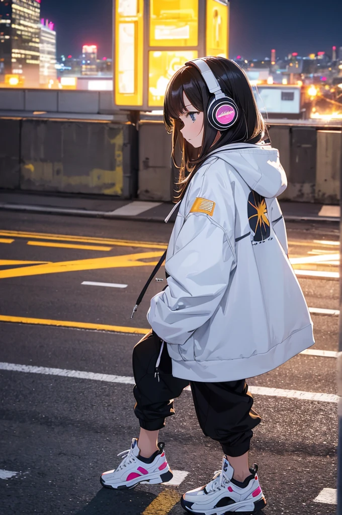 flat color,popart style,(best quality, masterpiece, ultra highres, ultra-detailed:1.2) , top-tier quality, 16K UHD,  tween girl, profile,detailed face,Cityscape at Night, solo, introspective, reflective, contemplative, gaze fixed on the highway, headphones on, hoodie, sneakers,long exposure photography, light trails crisscrossing the night sky, detailed facial features, highlighted by the city lights, fair skin with a natural glow, rooftop setting with the city's twinkling lights as a backdrop,side angle, ,depth of field,portrait, 