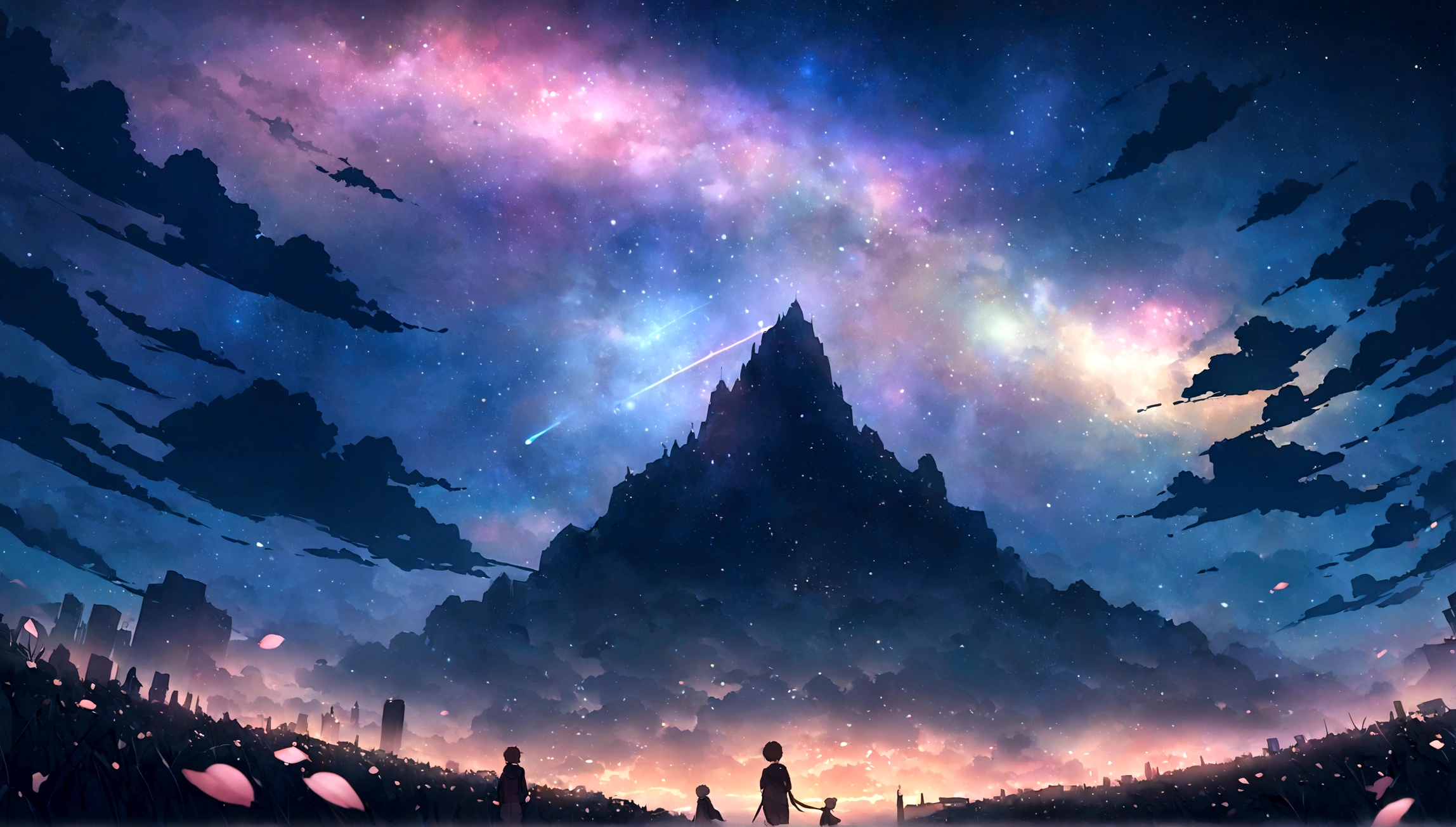 City of night、The sky is wonderful、meteor、3 year old little boy sitting on top of a building、Brown Hair、Back view、The city is bright with streetlights、Landscape Main、highest quality、Anime Scenery、Xin Haichen、building、Field、Milky Way 110207, distant 3 year old little boy staring at the performer，（Zoom out：1.1），（meteor：1.2）、（comet：1.1，yourname、Low Angle、From behind、Alola、shooting star、cherry blossoms、Standing in the Field、highest quality、masterpiece、cloud、colorful、Starry Sky、performer、