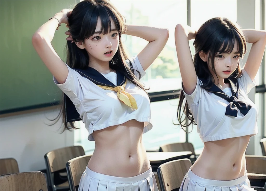 Group of Woman in front of classroom, ((white crop top sailor suit)), blue student skirts, open navel, open belly, (show abdomen area), ((((arms crossed over chest)))), crying, standing , (ready for punishment), (long shot)