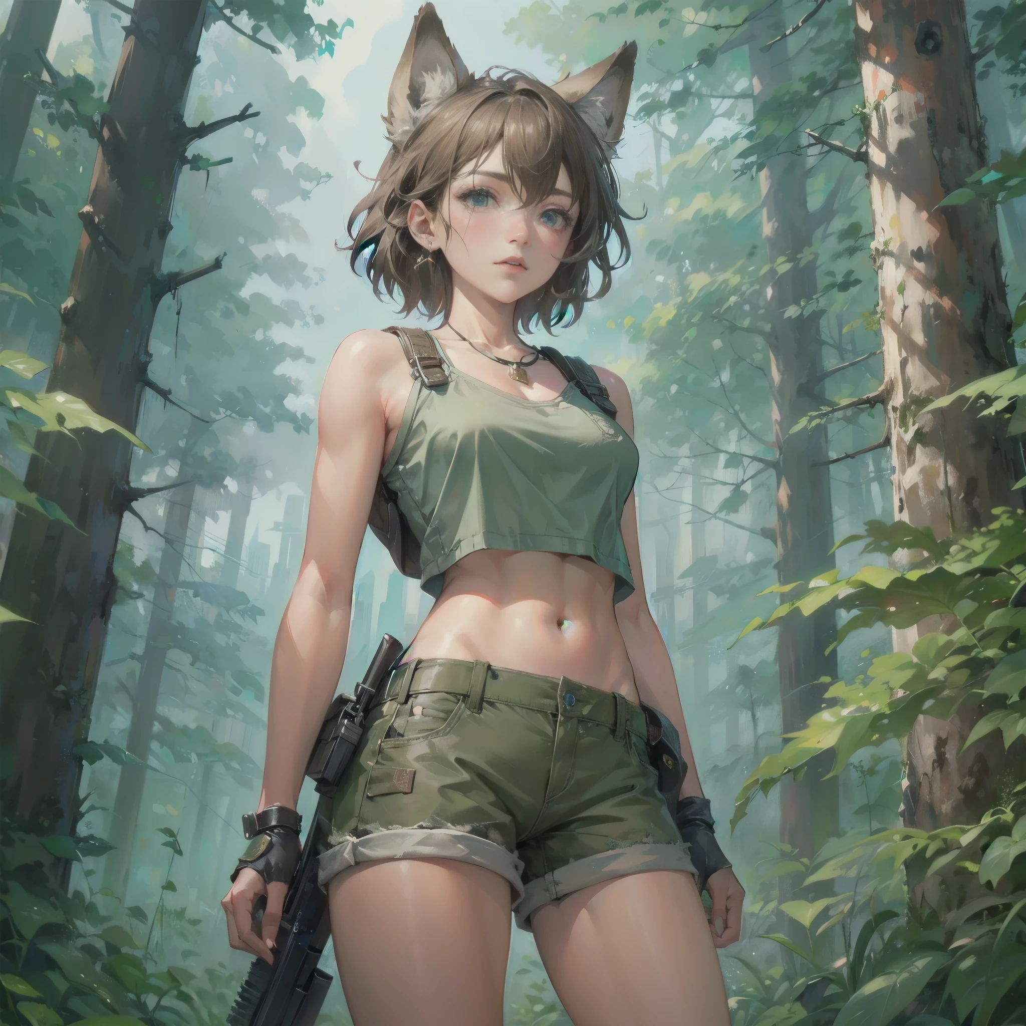 A fantasy Wasteland battles hand-in-hand through a wasteland full of pitfalls. The camera zooms in on the girl, capturing her determination. The cool girl, with wolf ears,wolf tail, wears thin leather armor and dark cloak. As the zoom progresses, the focus shifts to her hands, highlighting the worn and weathered textures that symbolize her journey and the hardships she has endured. This message is realized in a mixed-media sculptural style, combining elements of metalwork and textile art to represent the characters and their resilience in three-dimensional form.