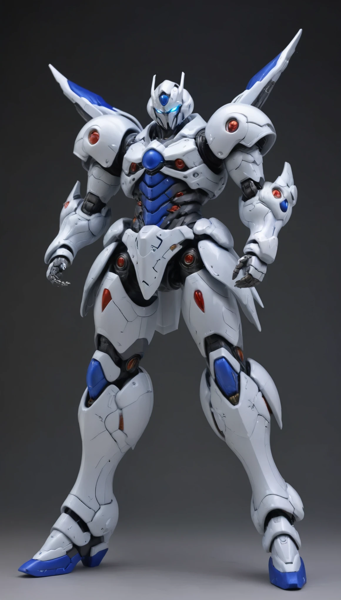 Humanoid Mecha, fully enclosed shoulder guards, matching arm and leg guards, full body, full armor, the design balances heavy with agility, (the color scheme is primarily white with red and blue accents, the concept Inspired by Super robot, organic biotech armor, standing, floating high above the futuristic sci-fi city), exquisite and mature art style, (aura effect, energy, glowing eyes, the armor glows), ((SRS)), metallic, dynamic, dramatic, high definition, best quality, highres, ultra-detailed, ultra-fine painting, extremely delicate, professional, perfect body proportions, anatomically correct, symmetrical face, extremely detailed eyes and face, high quality eyes, creativity, RAW photo, UHD, 32k, Natural light, cinematic lighting, masterpiece-anatomy-perfect, masterpiece:1.5