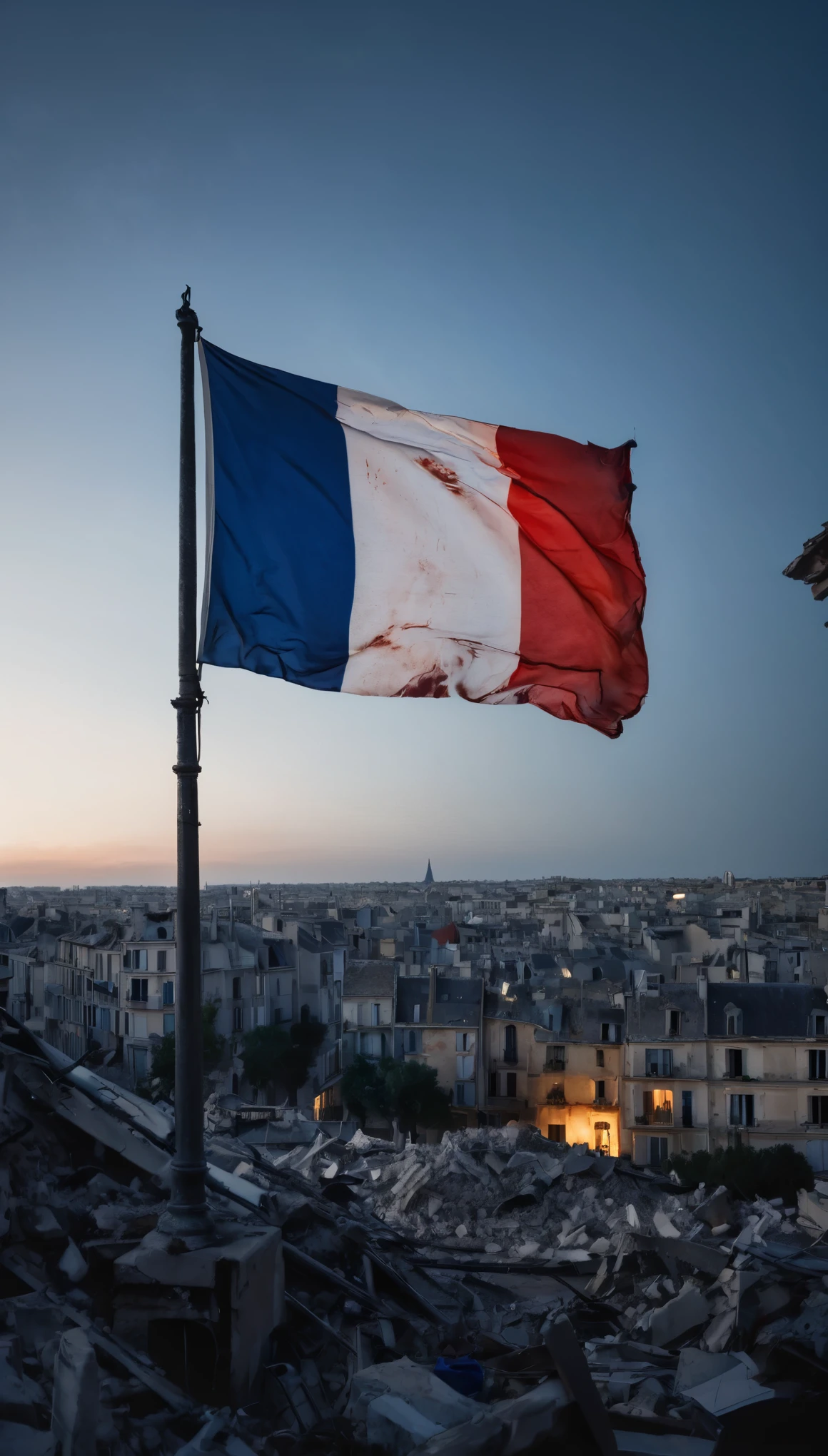 a French flag flying above a city in the night destroyed by a bloody war