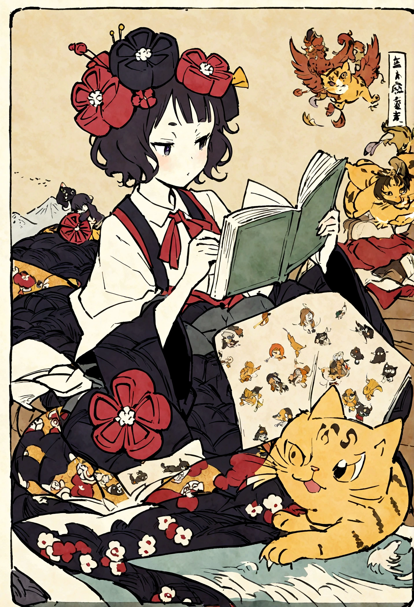 Anthropomorphic cat, temple school, reading books, Katsushika Hokusai, Utagawa Kuniyoshi, bird-and-beast caricatures, delicate and precise, Ukiyoe style, girl