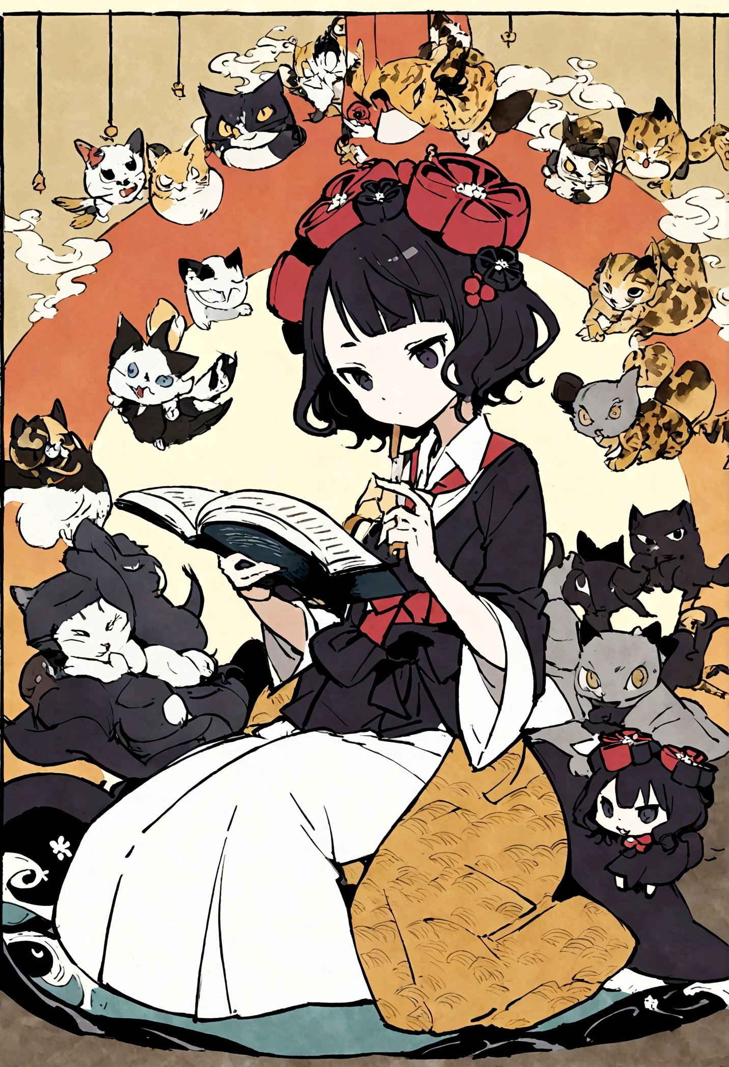 Anthropomorphic cat, temple school, reading books, Katsushika Hokusai, Utagawa Kuniyoshi, bird-and-beast caricatures, delicate and precise, Ukiyoe style, girl