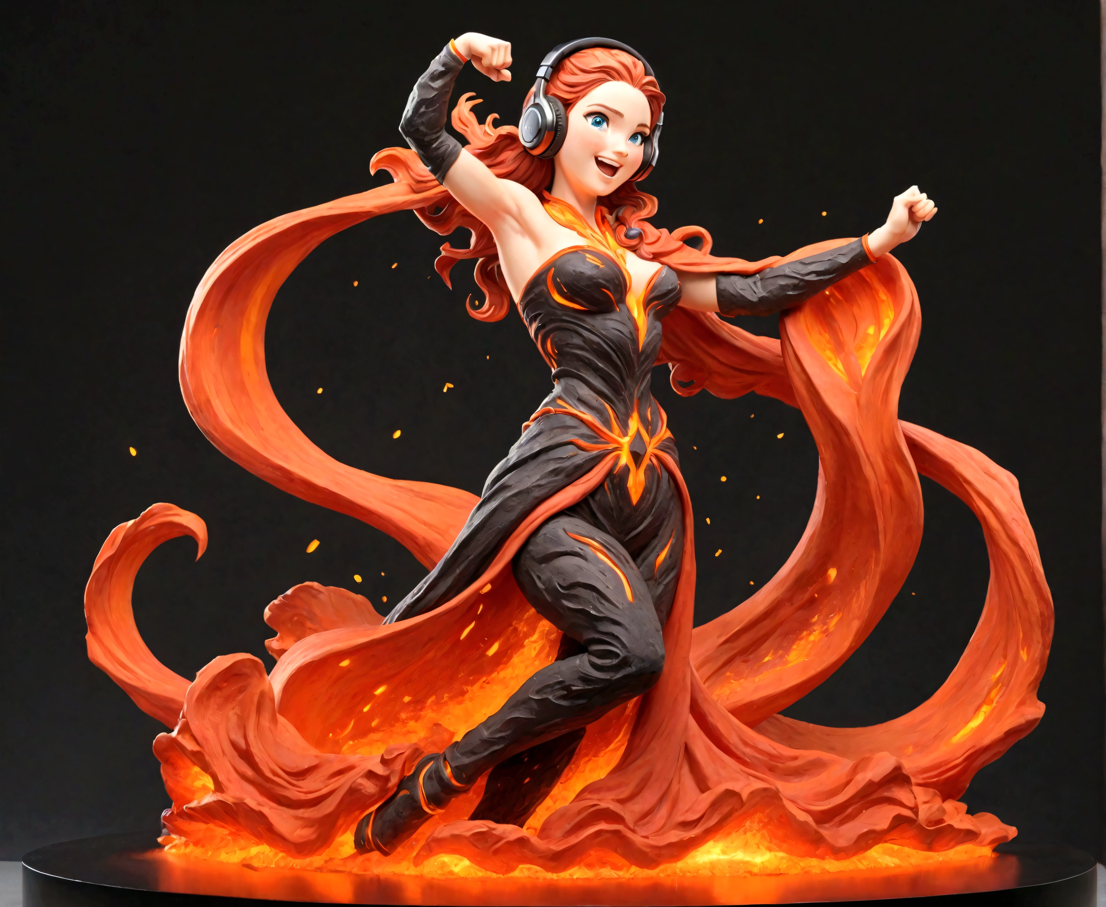 A beautifully sculpted and powerful lava representation of a woman in motion captures the essence of a Renaissance masterpiece. Wearing headphones, raising a fist, winking, let's go! , idol, cute, smiling, gut punch, futuristic full body coordination, attracting audience, bustle, energetic, dynamic position, bright studio, poster-like scene, high tension rhythm, eyes The flowing robes and dynamic pose suggest grace and vigor frozen in time. This stunning sculpture, possibly a lava sculpture, exudes elegance and strength, with intricate details that demonstrate the artist's skill and vision. The blend of classic beauty and fiery intensity makes this piece a true work of art.