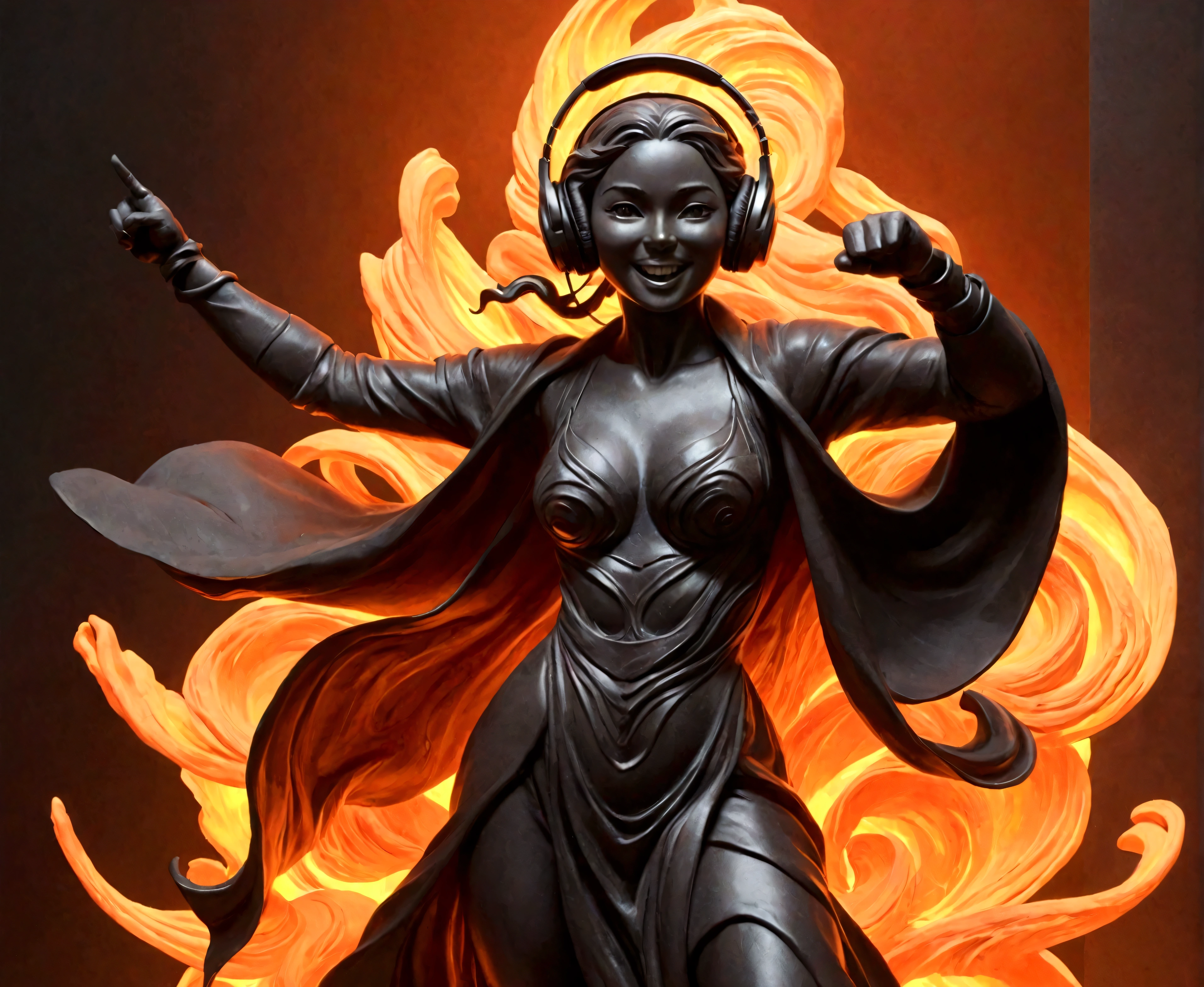 A beautifully sculpted and powerful lava representation of a woman in motion captures the essence of a Renaissance masterpiece. Wearing headphones, raising a fist, winking, let's go! , idol, cute, smiling, gut punch, futuristic full body coordination, attracting audience, bustle, energetic, dynamic position, bright studio, poster-like scene, high tension rhythm, eyes The flowing robes and dynamic pose suggest grace and vigor frozen in time. This stunning sculpture, possibly a lava sculpture, exudes elegance and strength, with intricate details that demonstrate the artist's skill and vision. The blend of classic beauty and fiery intensity makes this piece a true work of art.