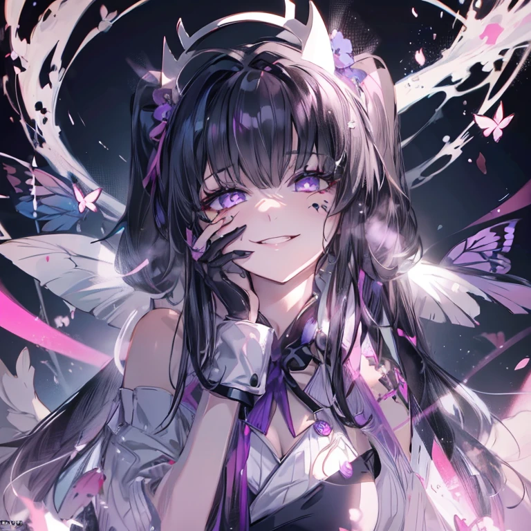 ((masterpiece,best quality)),(negative space:1.4),(1girl, solo:1.4), alleyway, dark atmosphere, a young woman who has black hair that is tied into two high pigtails with a purple tie. Her hair reaches her hips and has purple tips, fringe middle bangs, and two locks in front, with the left lock reaching her collarbone and the right lock reaches her shoulder. She has fluorescent pink eyes with a light colored butterfly detail under her pupils, beautiful detailed eyes, cocky smirk, sadistic, narcissistic, and tiny black dots under each of her eyes. ((Additionally, a white-and-black Kitsune mask is at an angle on the top of her head)), ((which has a purple flower gem on its forehead)), a dark purple suit with decorative pink cut stone accessories, a sash with a pink gem, she wears gloves, white pants with black bands, and dark-heeled shoes.