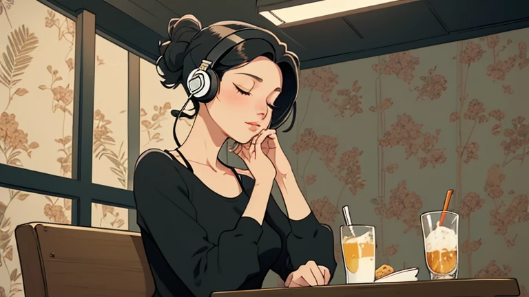 Beautiful woman in her 30s with black hair up is sitting with headphones on the cafe terrace. Looking down, eyes closed, LOFI girl, alone in the room, blouse, cozy wallpaper, relaxing mood, cozy, only five fingers, Tokyo cityscape,