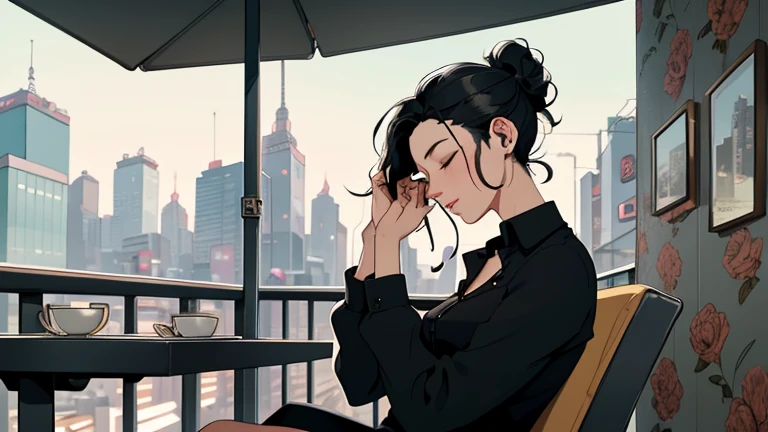 Beautiful woman in her 30s with black hair up is sitting with headphones on the cafe terrace. Looking down, eyes closed, LOFI girl, alone in the room, blouse, cozy wallpaper, relaxing mood, cozy, only five fingers, Tokyo cityscape,